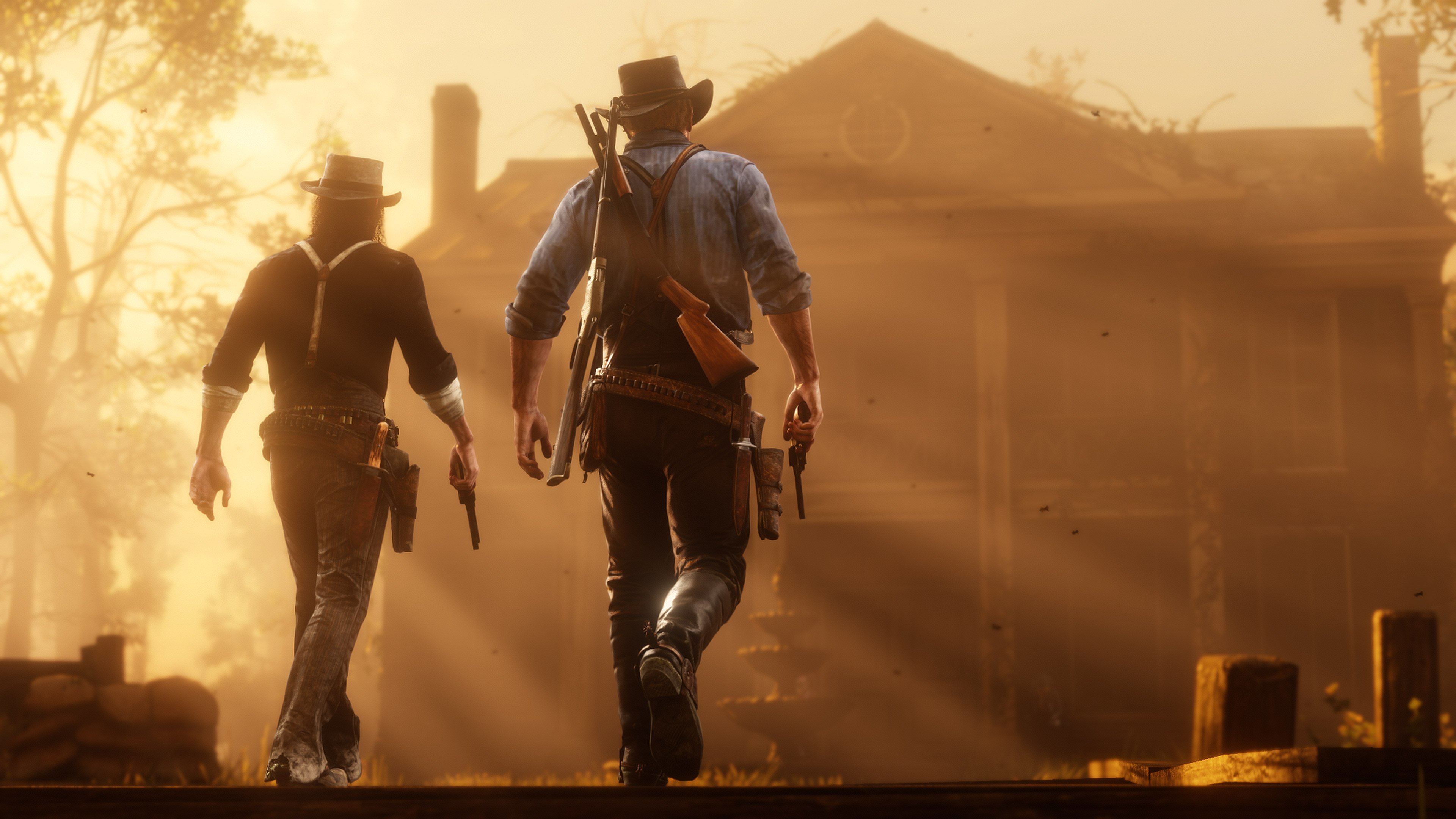 Arthur Morgan Walking Towards Rustic House at Sunset HD Wallpaper
