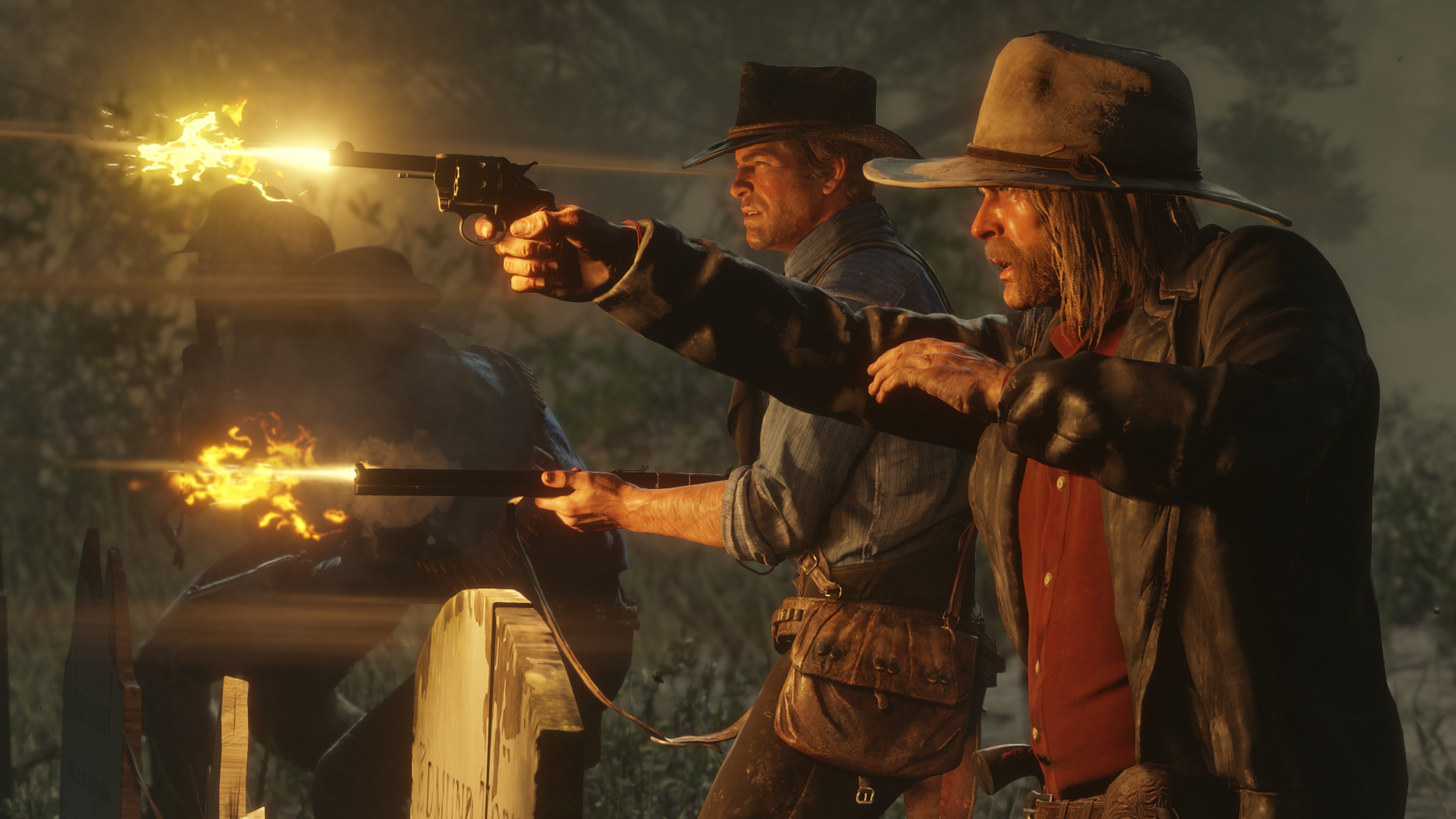 Arthur Morgan and companion firing guns HD Wallpaper