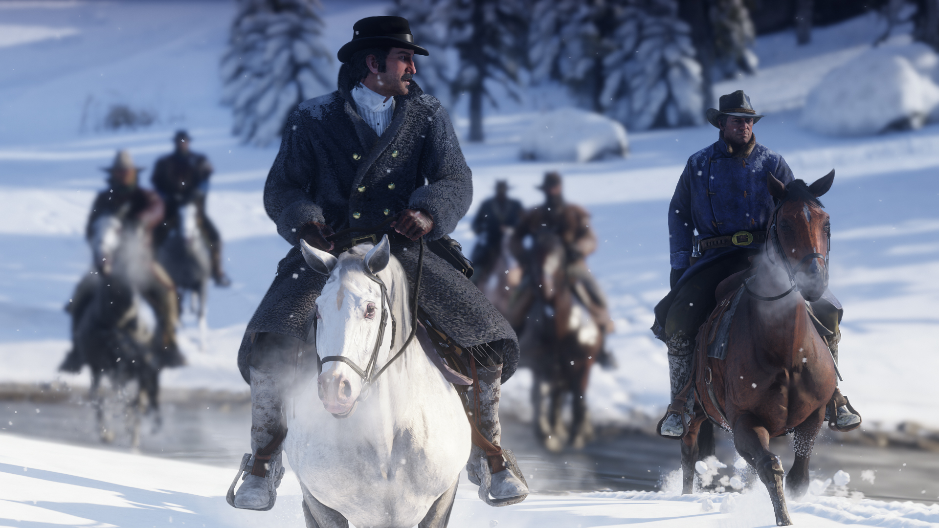 Arthur Morgan Riding Horse Through Snowy Landscape HD Wallpaper