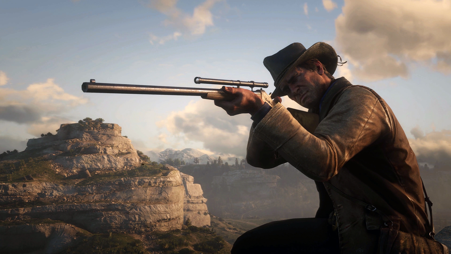 Arthur Morgan aiming a rifle in Red Dead Redemption 2 HD Wallpaper