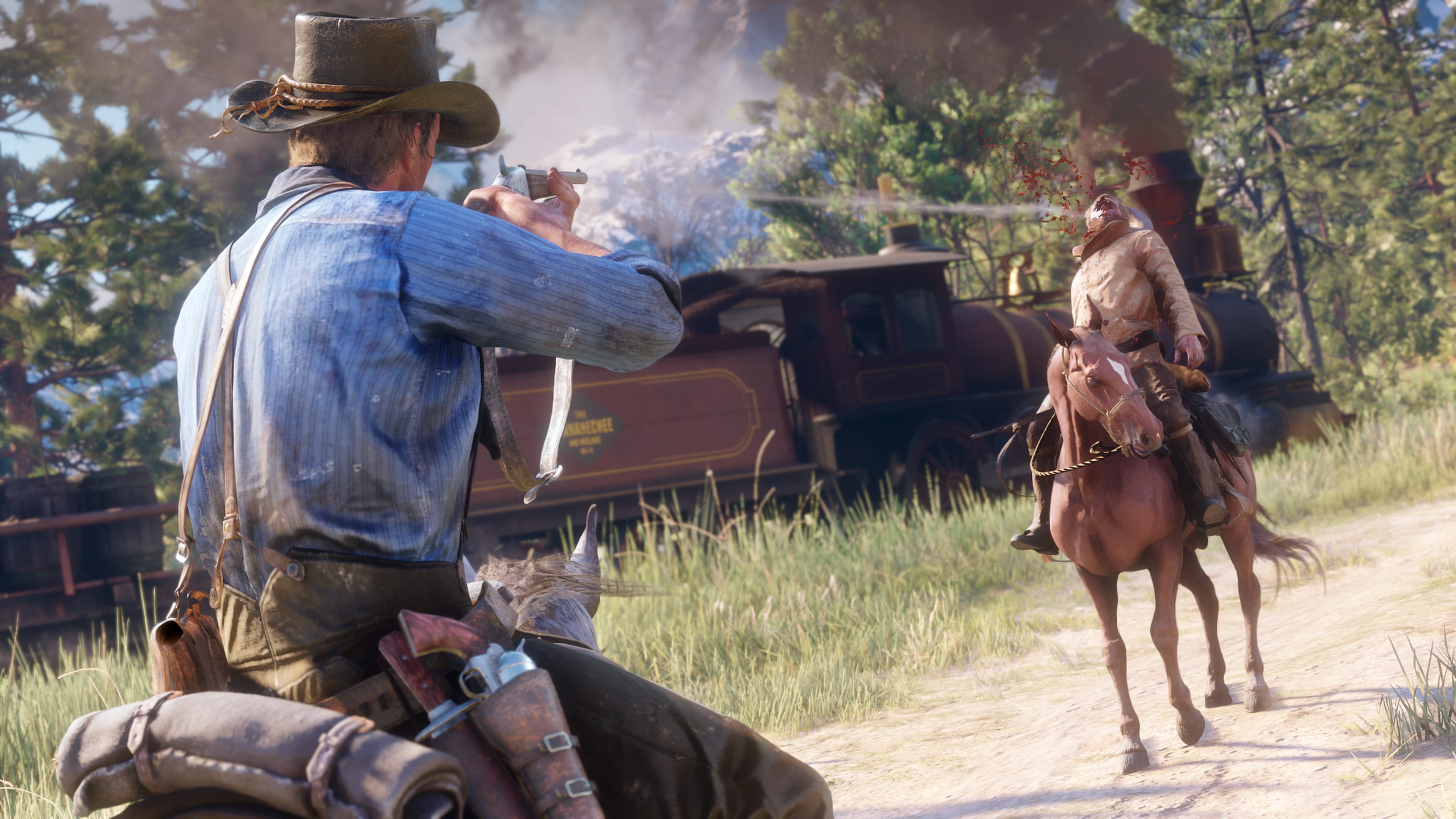 Arthur Morgan shooting from horseback near a train HD Wallpaper