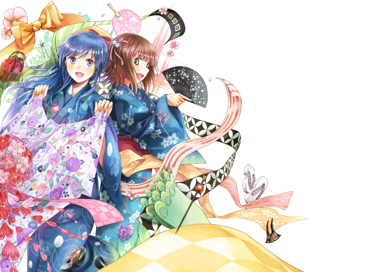 Chihaya Kisaragi in Kimono with Fans HD Wallpaper