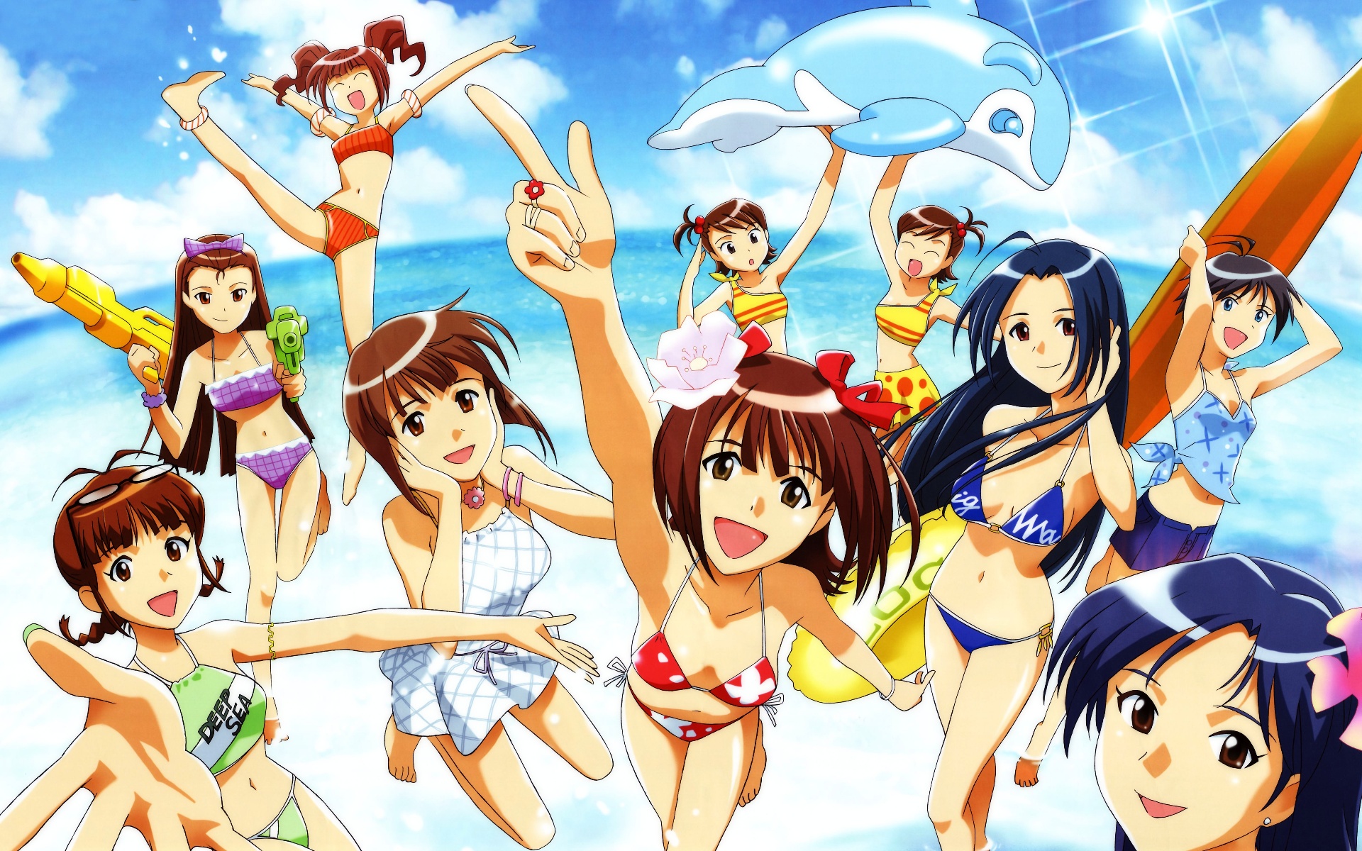 Anime girls in swimsuits at the beach HD Wallpaper