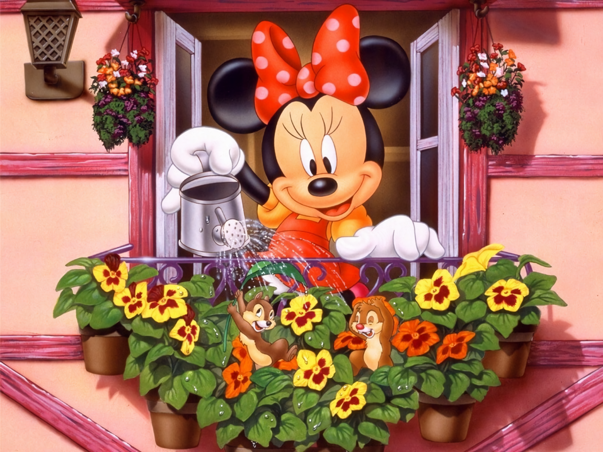 Minnie Mouse watering flowers with Chip and Dale HD Wallpaper