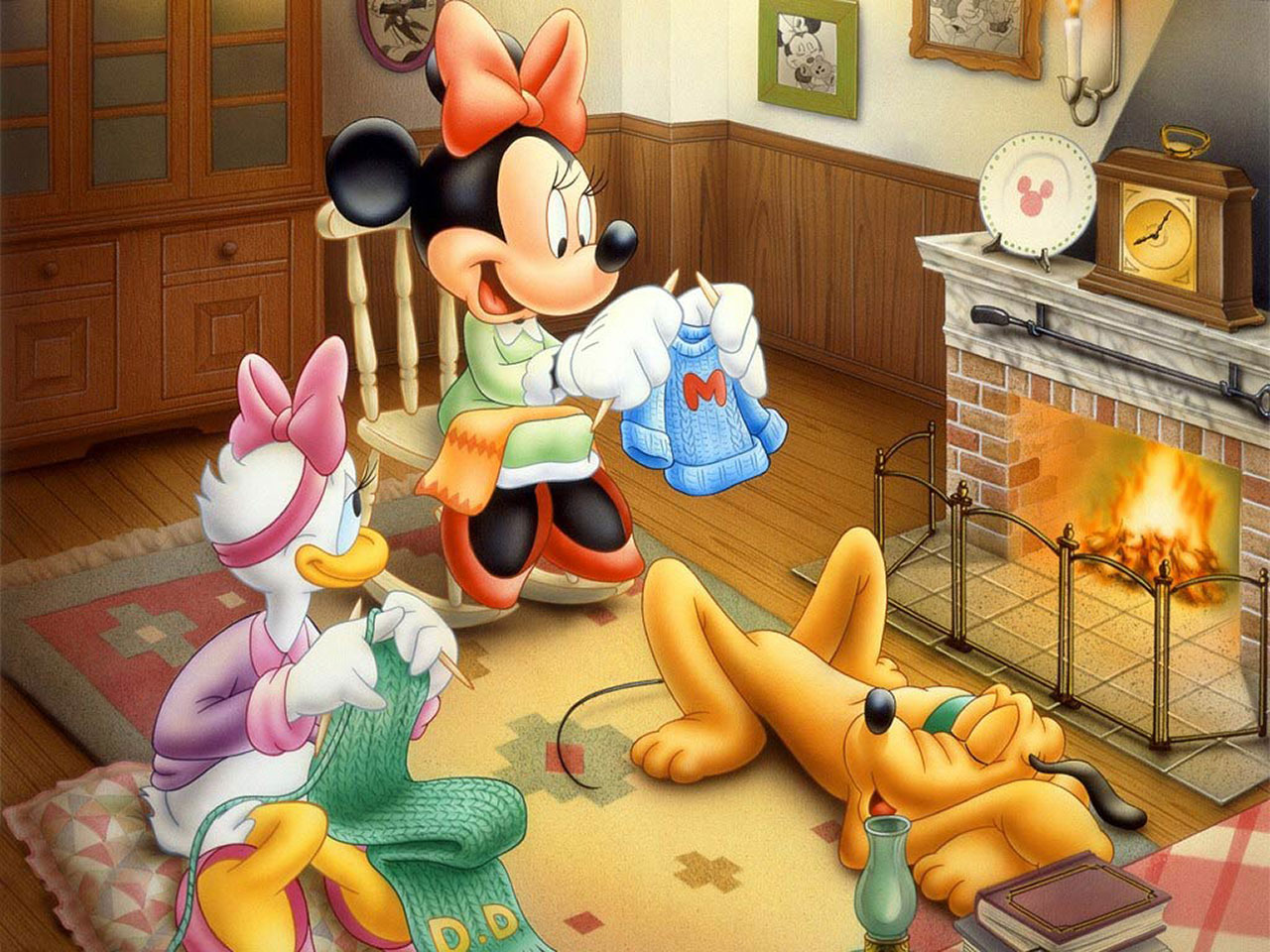 Minnie Mouse, Daisy Duck, and Pluto knitting by the fireplace HD Wallpaper