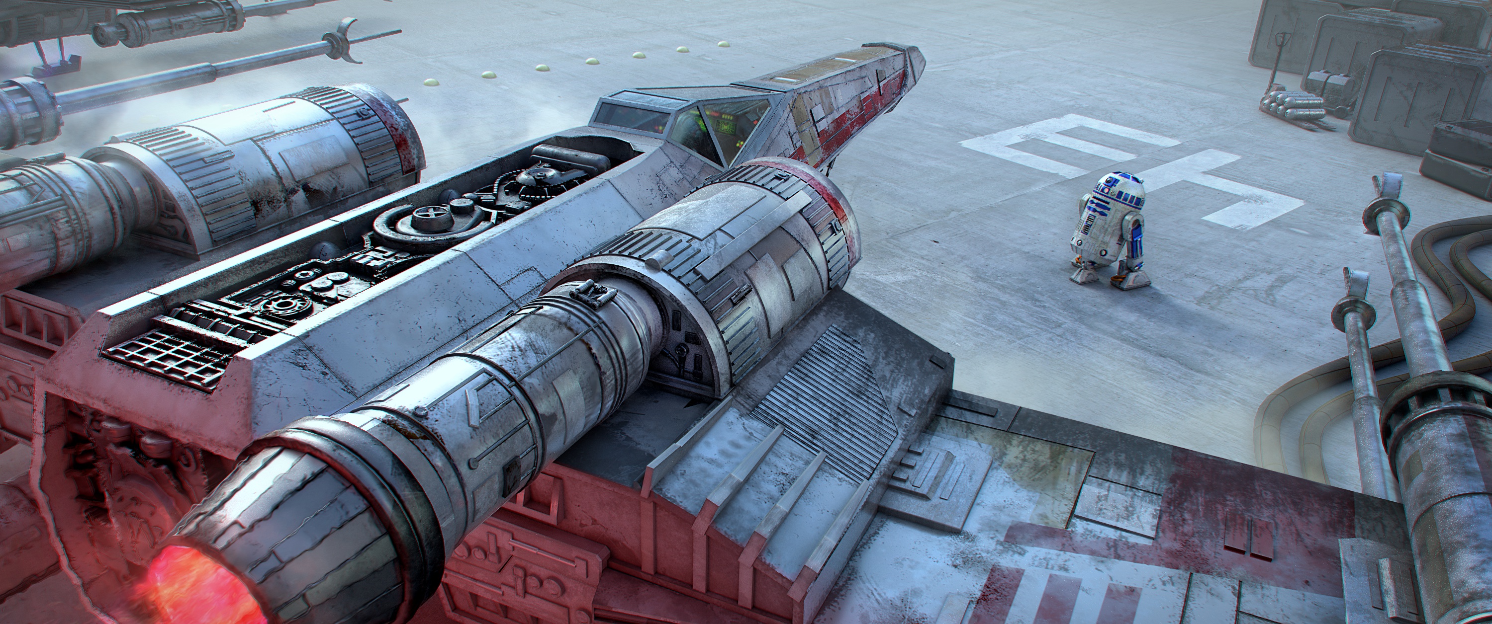 R2-D2 and X-wing fighter on a landing pad HD Wallpaper