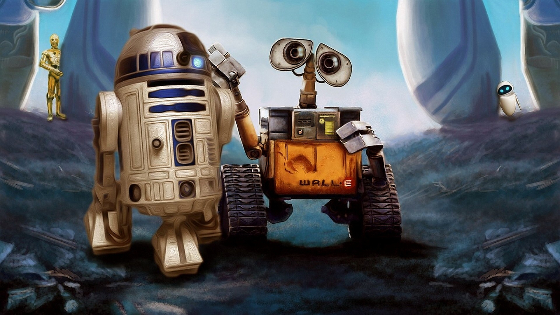 R2-D2 and WALL-E with C-3PO and EVE HD Wallpaper