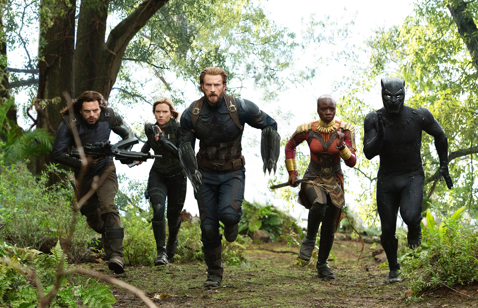 Okoye, Black Panther, Captain America, Black Widow, and Winter Soldier running HD Wallpaper