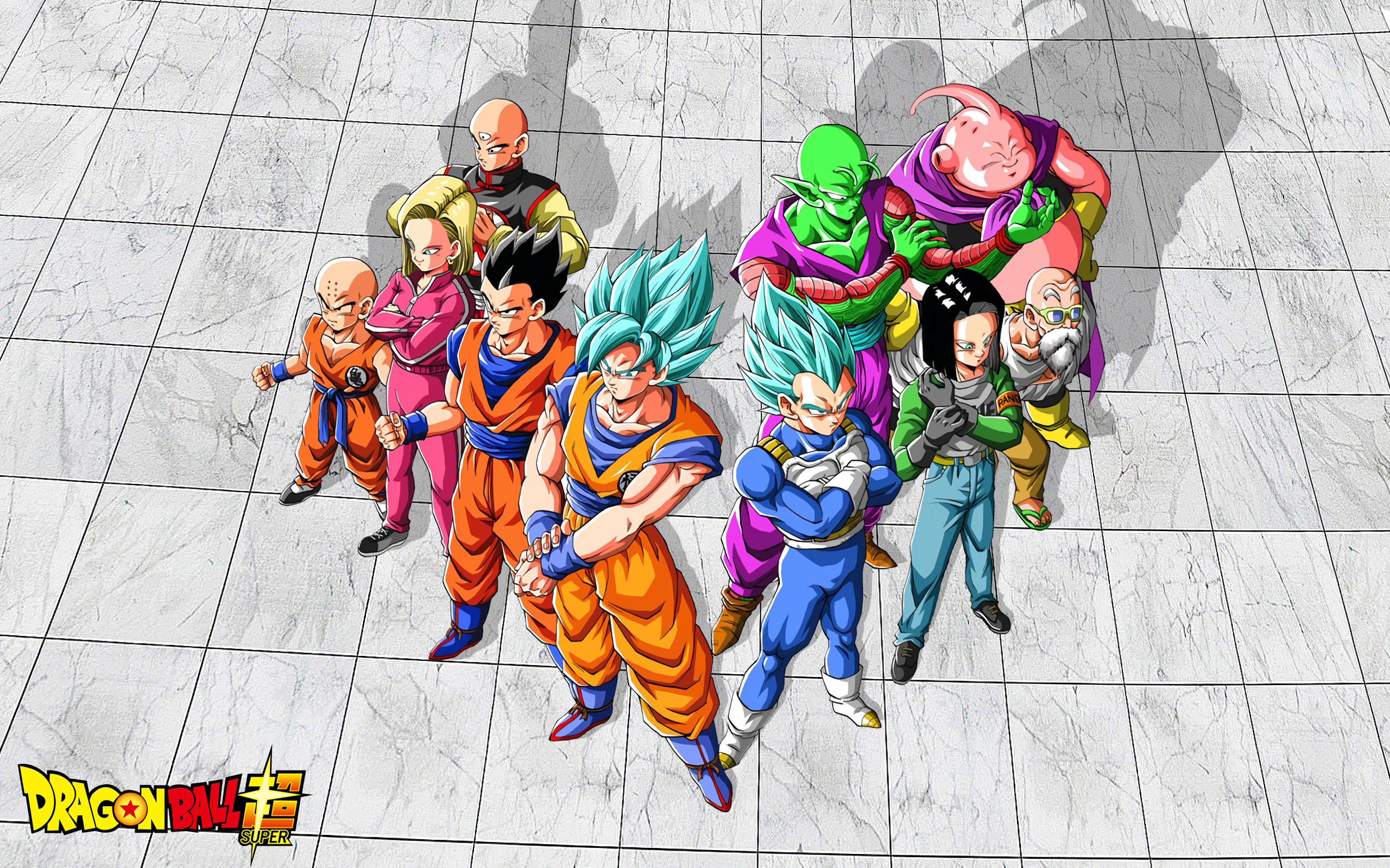 Dragon Ball Super characters including Goku, Vegeta, and Majin Buu HD Wallpaper