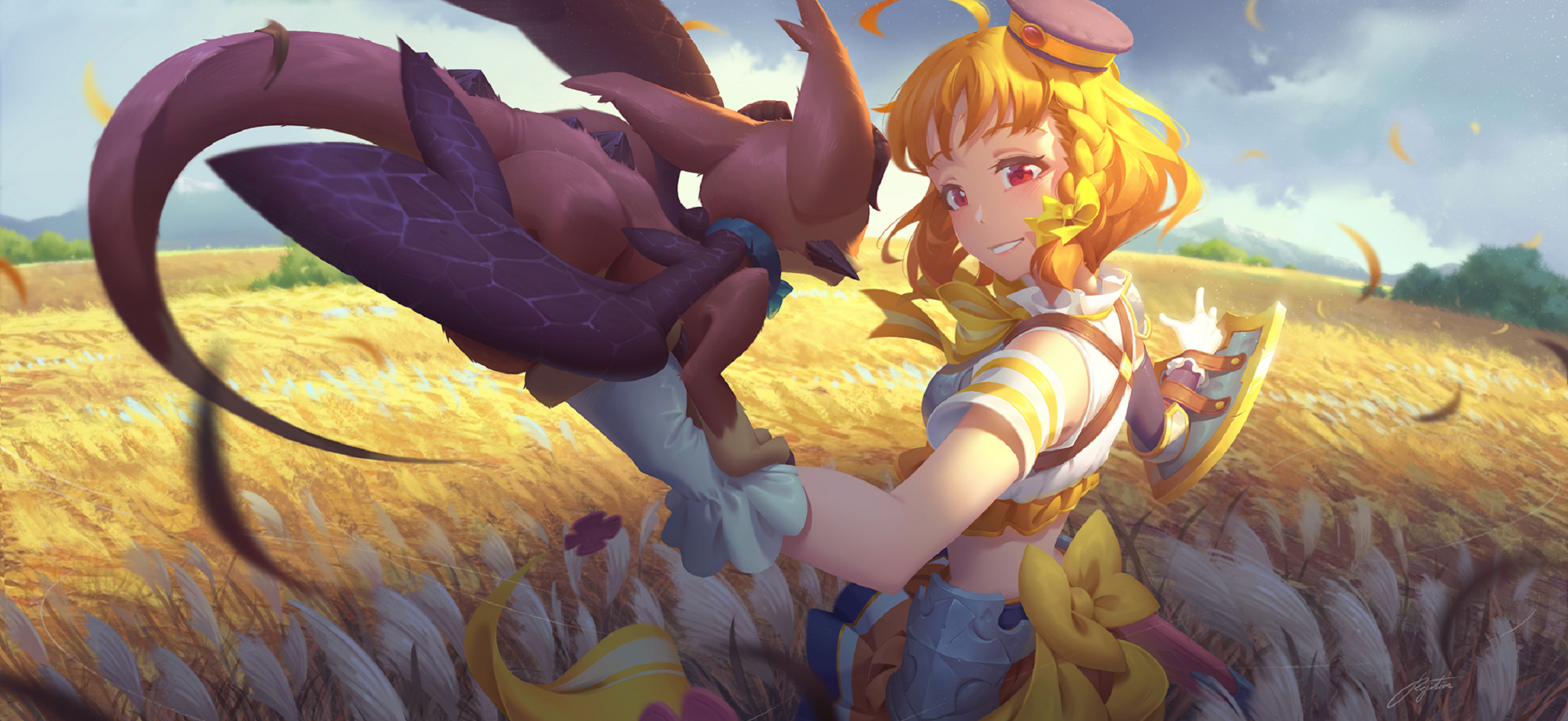 Girl with a creature in a wheat field HD Wallpaper