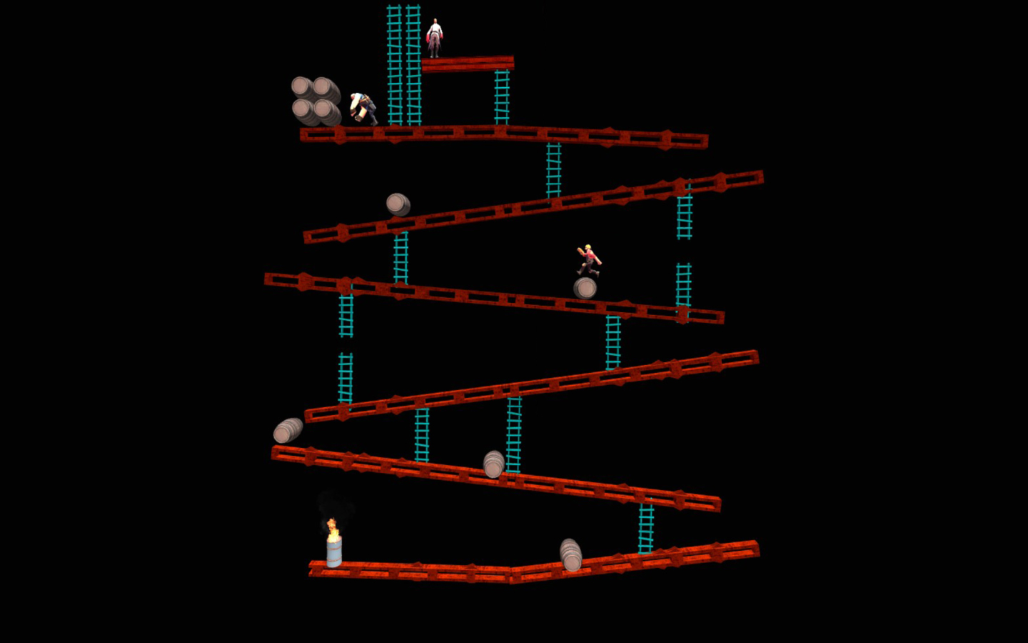 Donkey Kong game level with barrels and ladders HD Wallpaper