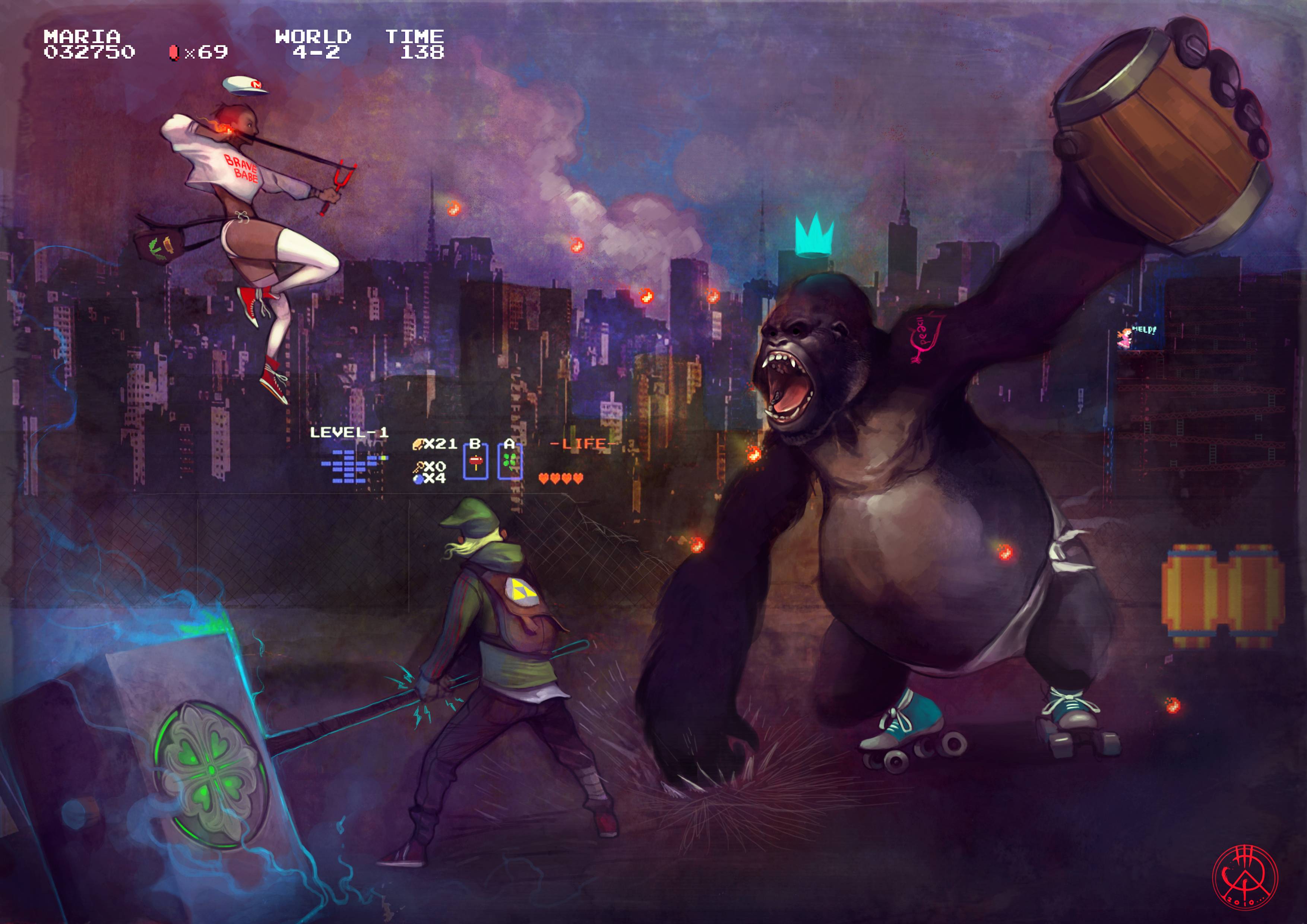 Maria and Donkey Kong in a retro-style city battle HD Wallpaper