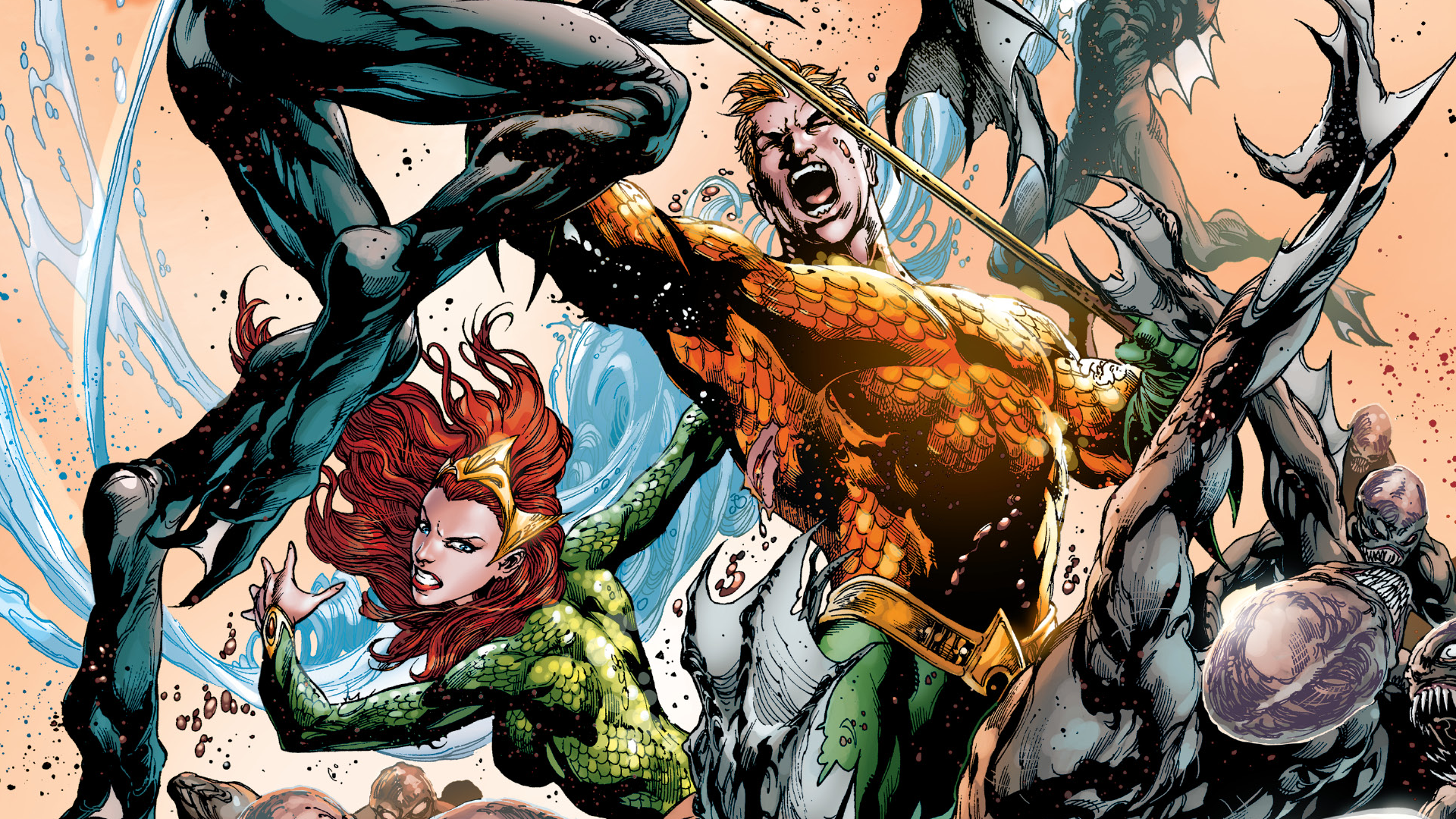 Aquaman and Mera fighting sea monsters HD Wallpaper