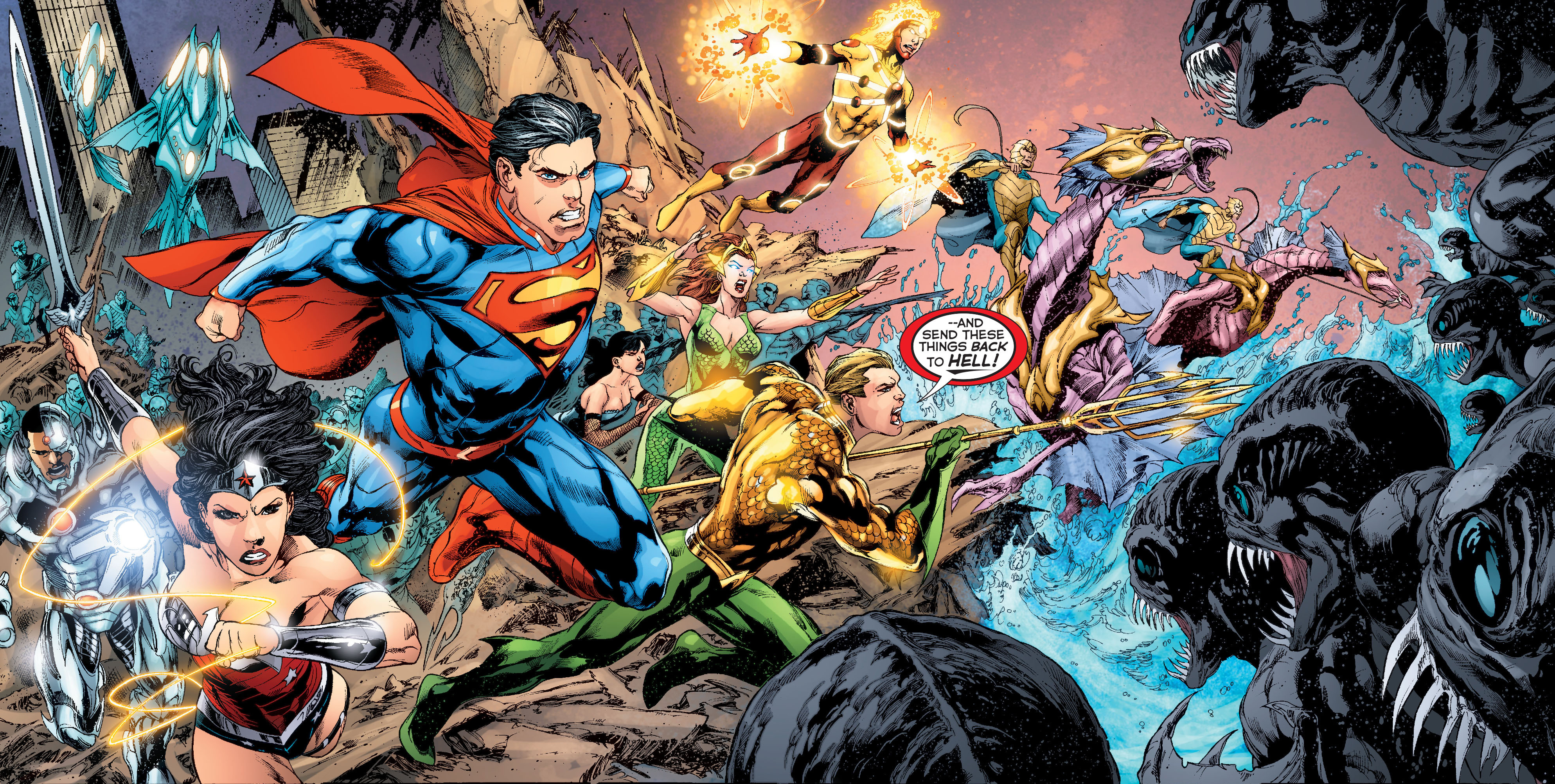 Justice League fighting monsters HD Wallpaper