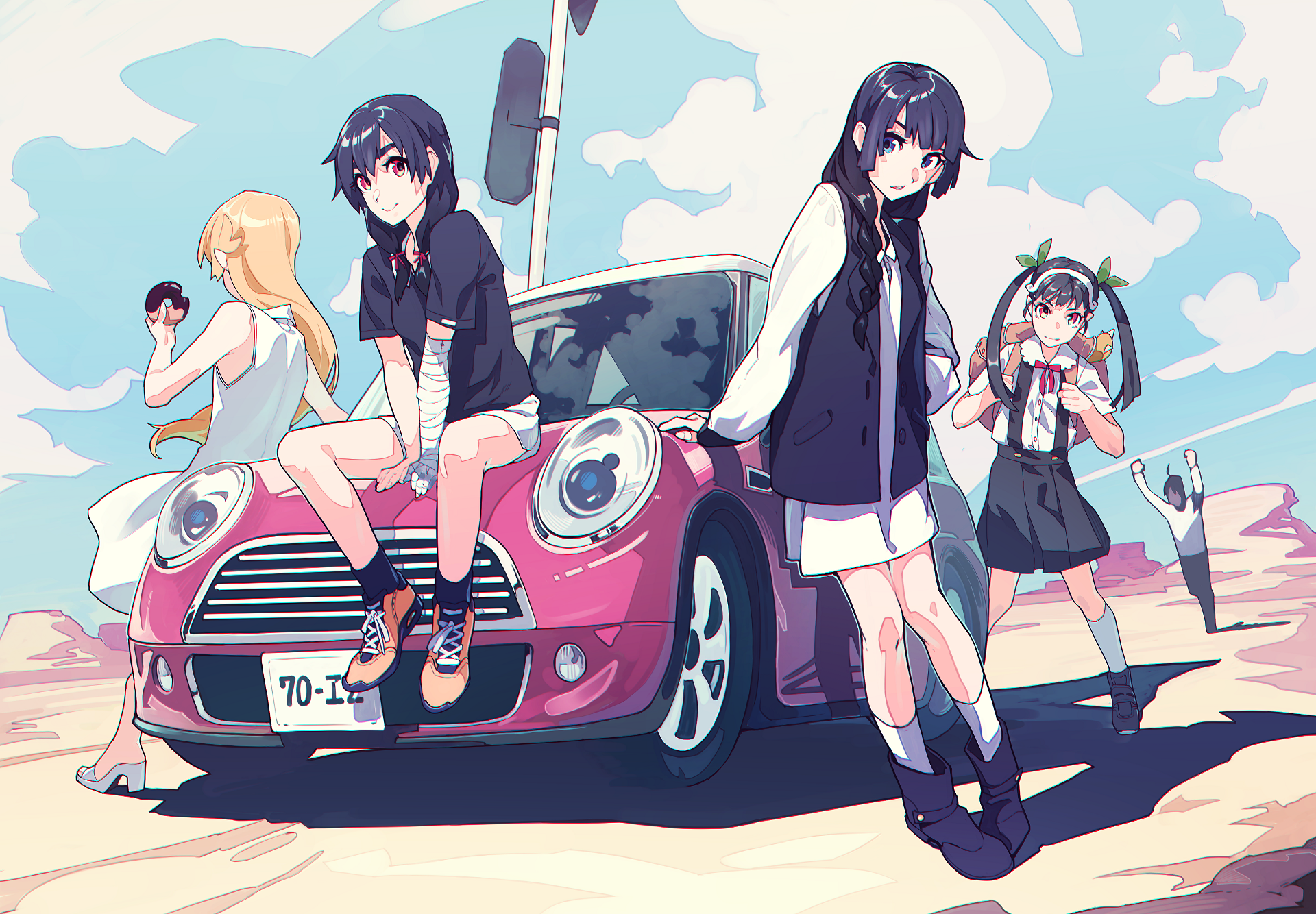 Four girls and a pink Mini Cooper in a desert landscape HD Wallpaper