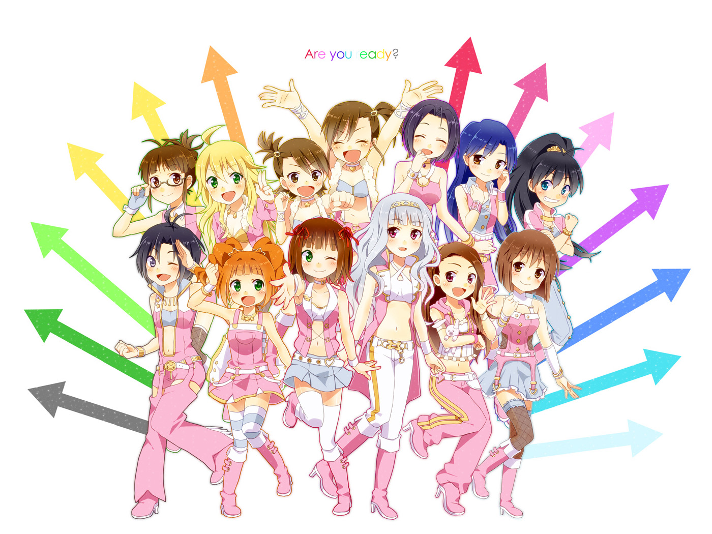 Group of anime girls with colorful arrows HD Wallpaper