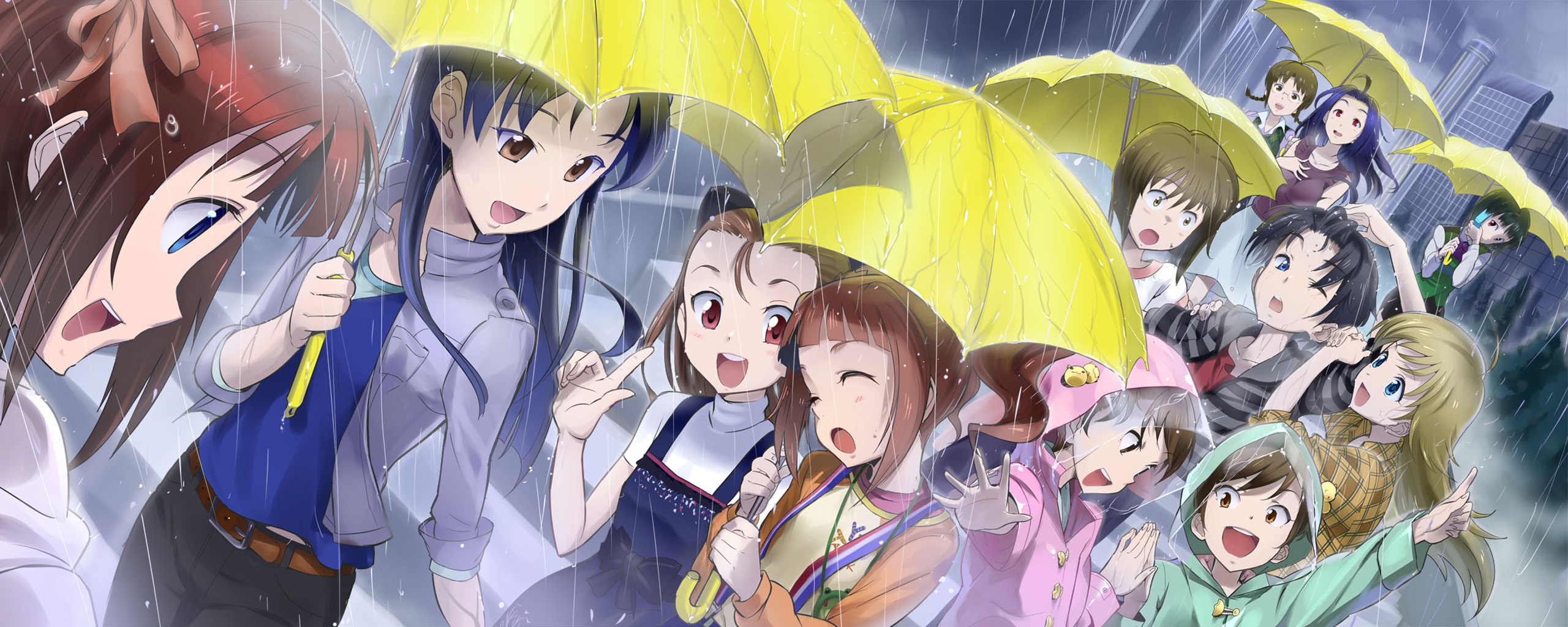 Group of girls with umbrellas in the rain HD Wallpaper