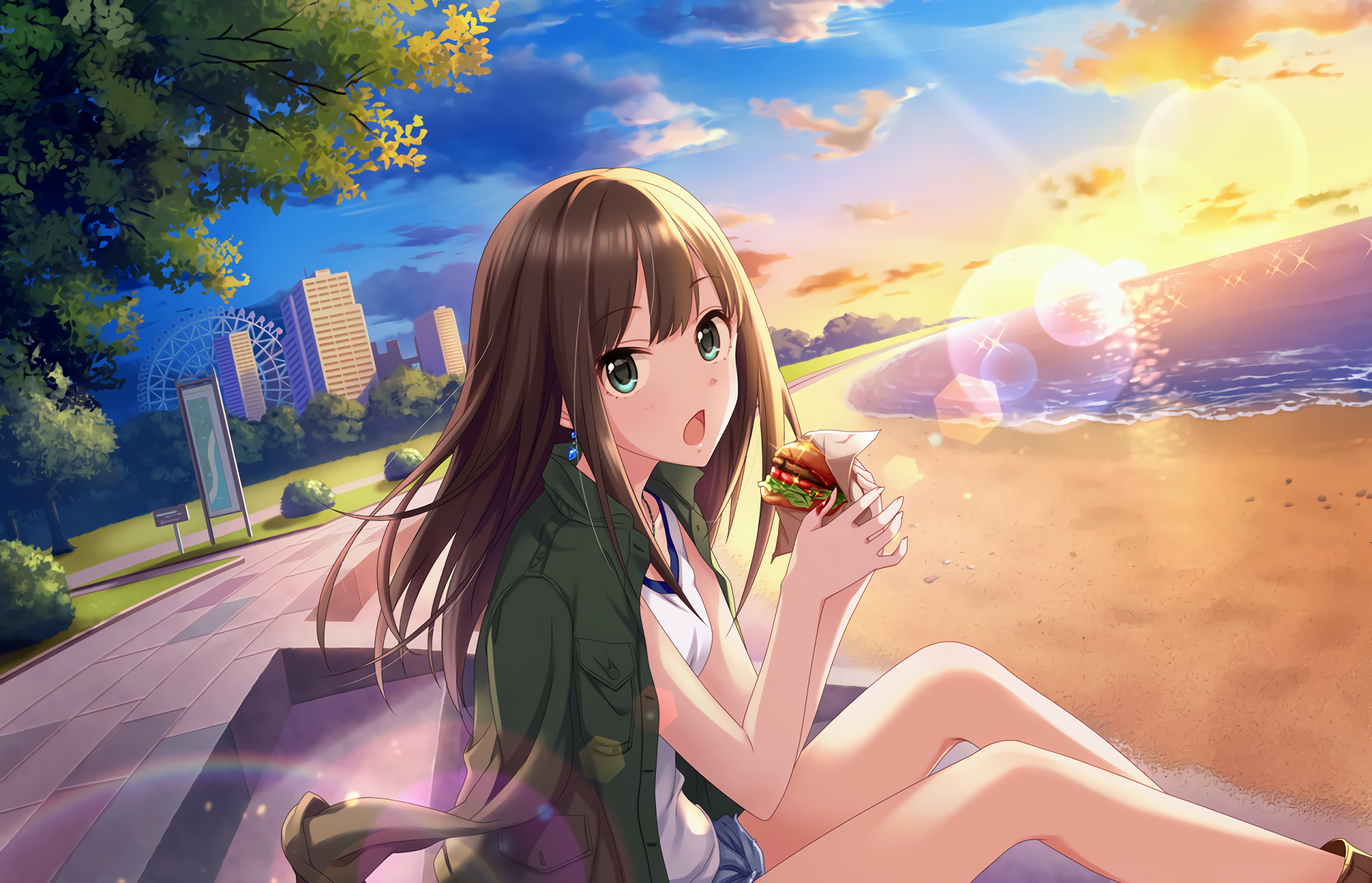Rin Shibuya eating a burger by the beach HD Wallpaper