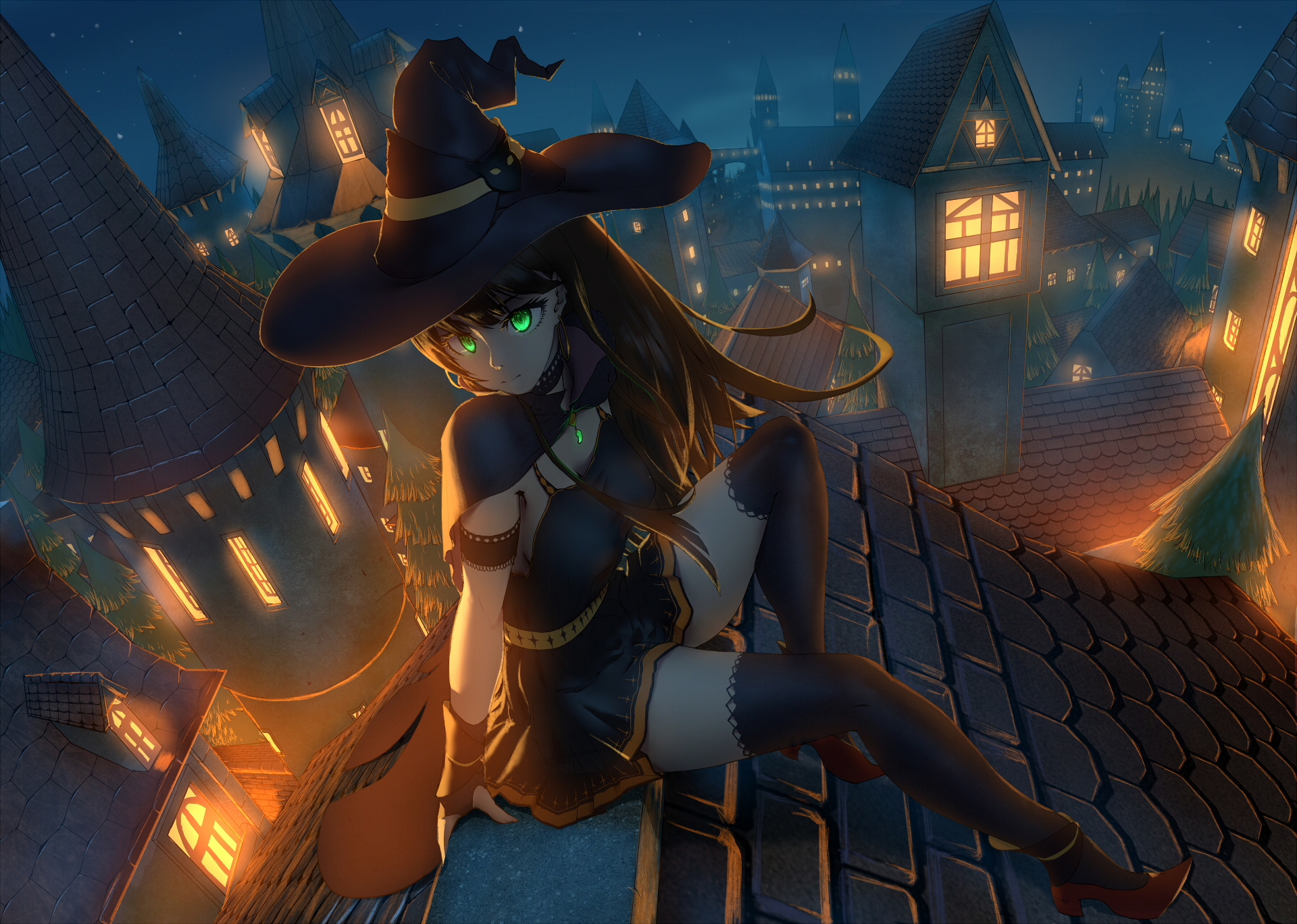 Witch girl on a rooftop in a fantasy town HD Wallpaper
