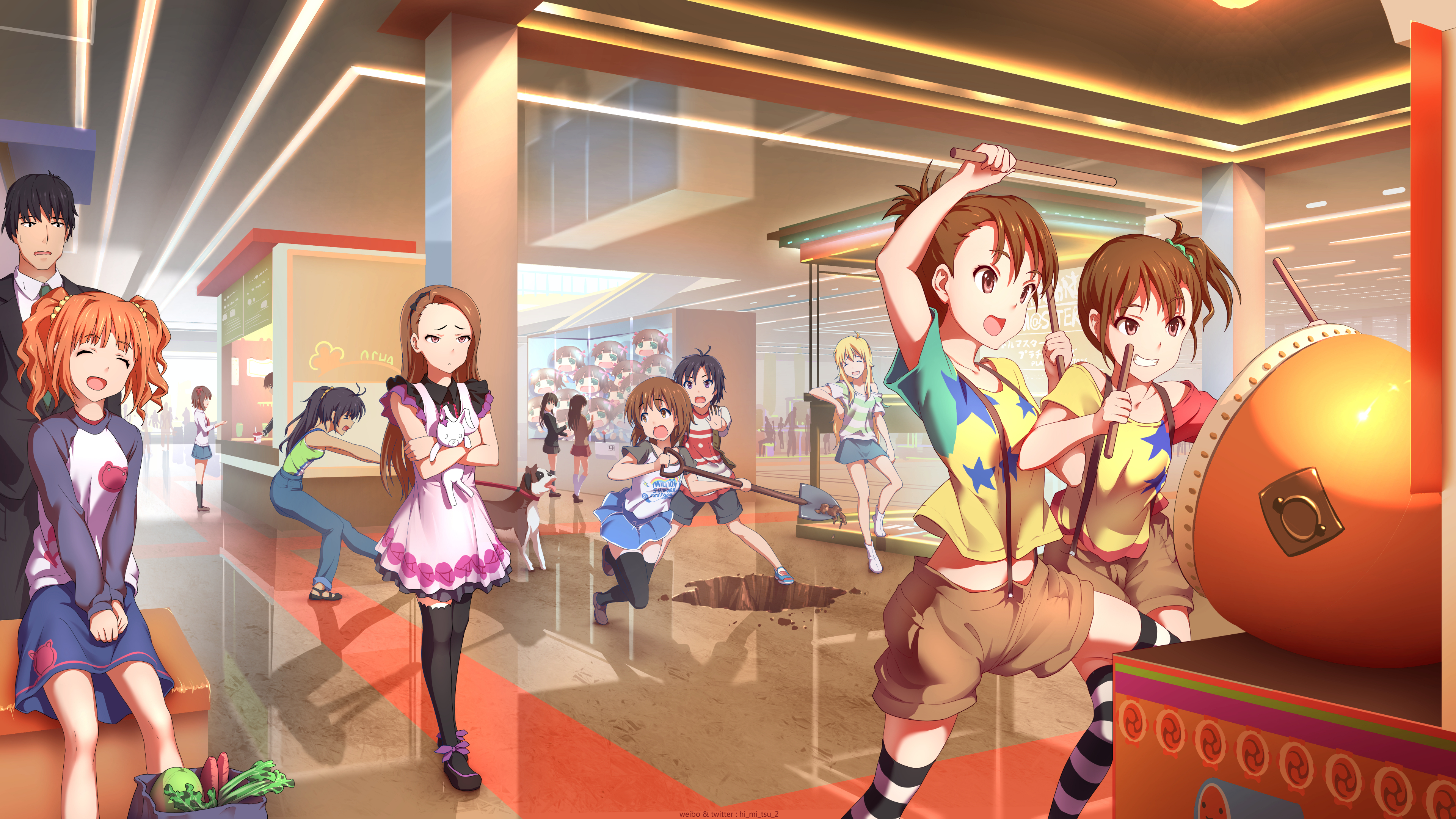 Girls playing taiko drums in a mall HD Wallpaper