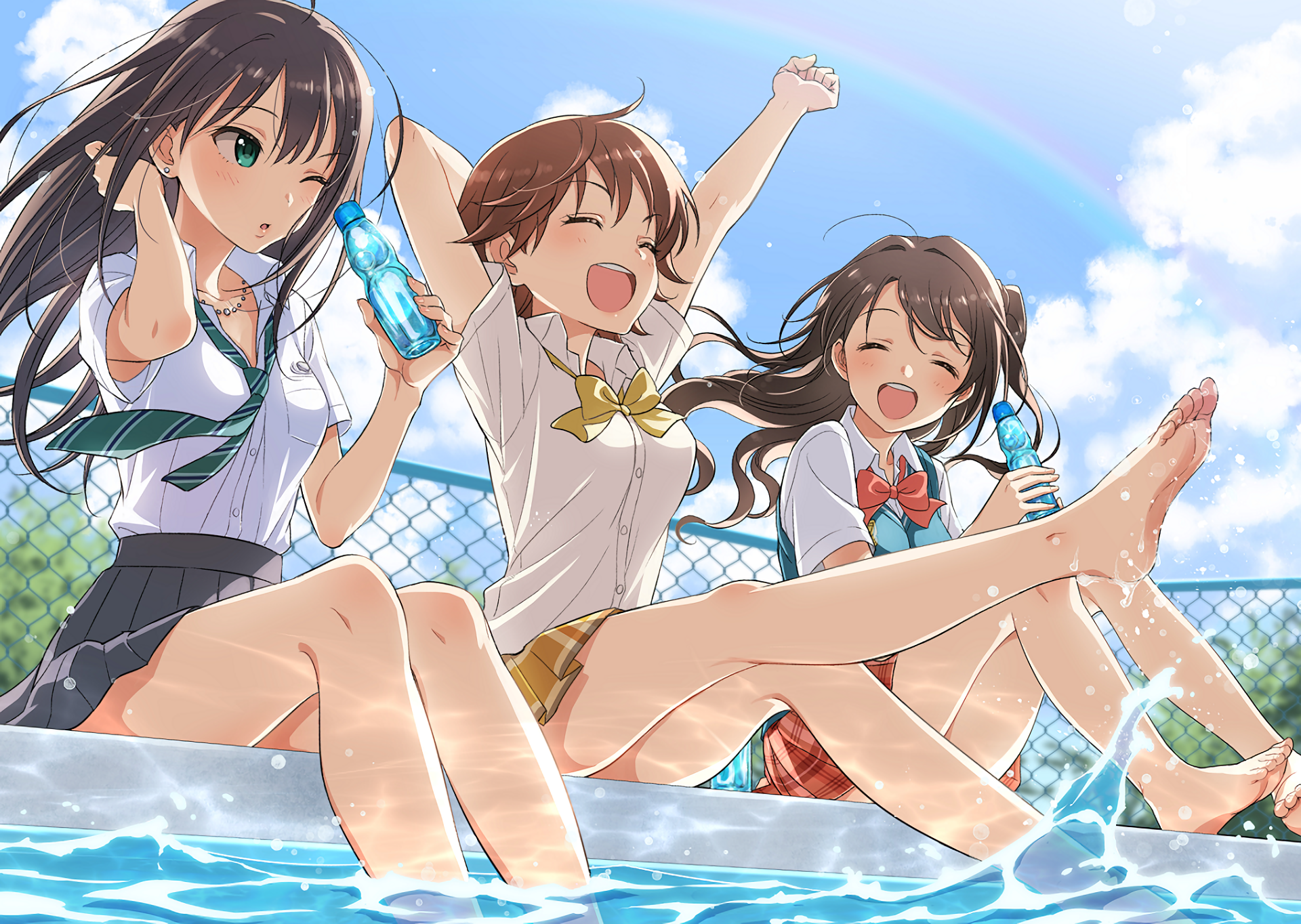 Three girls in school uniforms by a pool with drinks HD Wallpaper