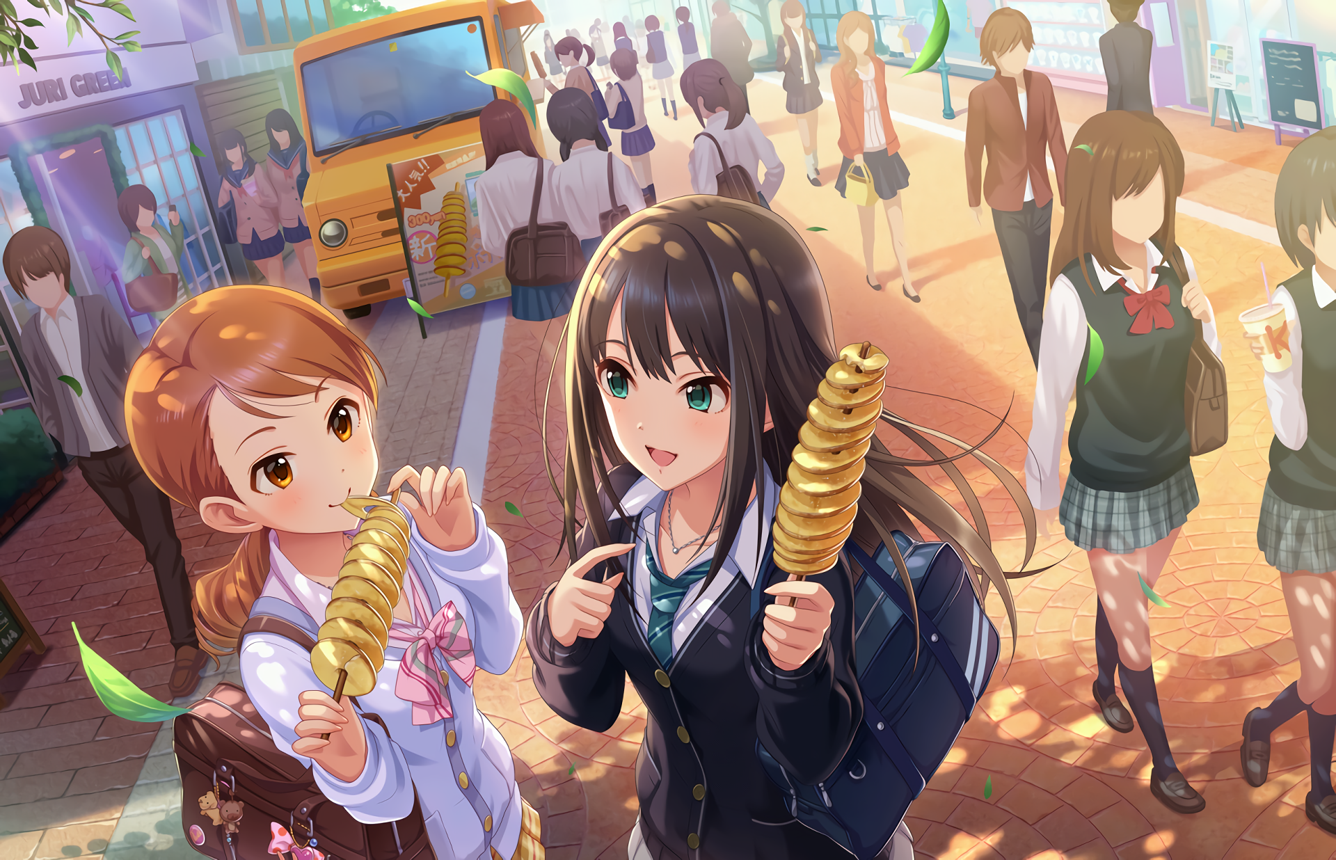 Girls eating spiral potato snacks from a food truck HD Wallpaper