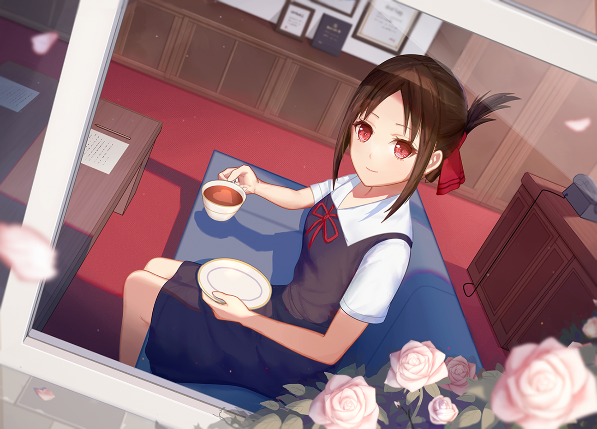 Kaguya Shinomiya drinking tea HD Wallpaper