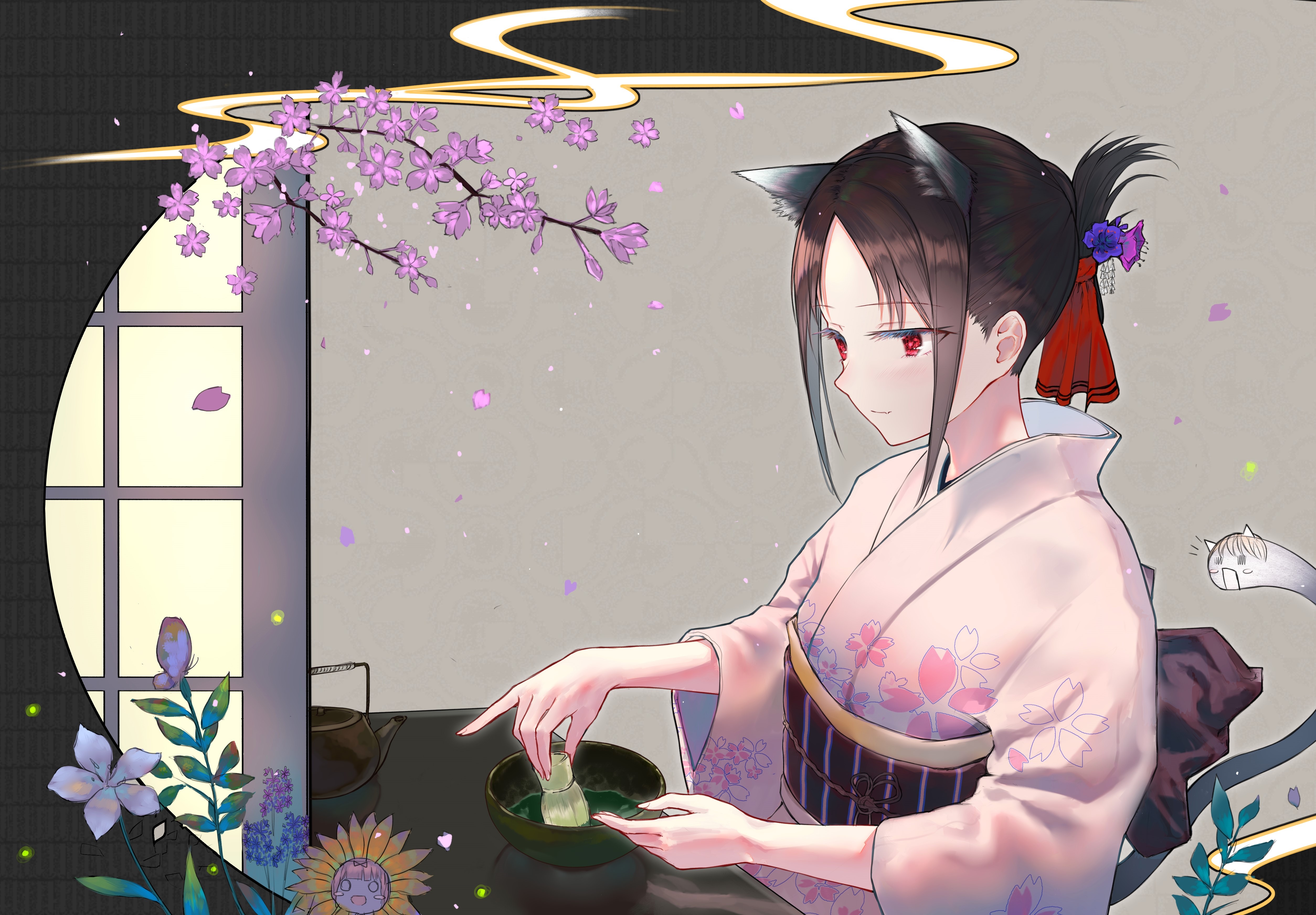 Kaguya Shinomiya with cat ears preparing tea HD Wallpaper