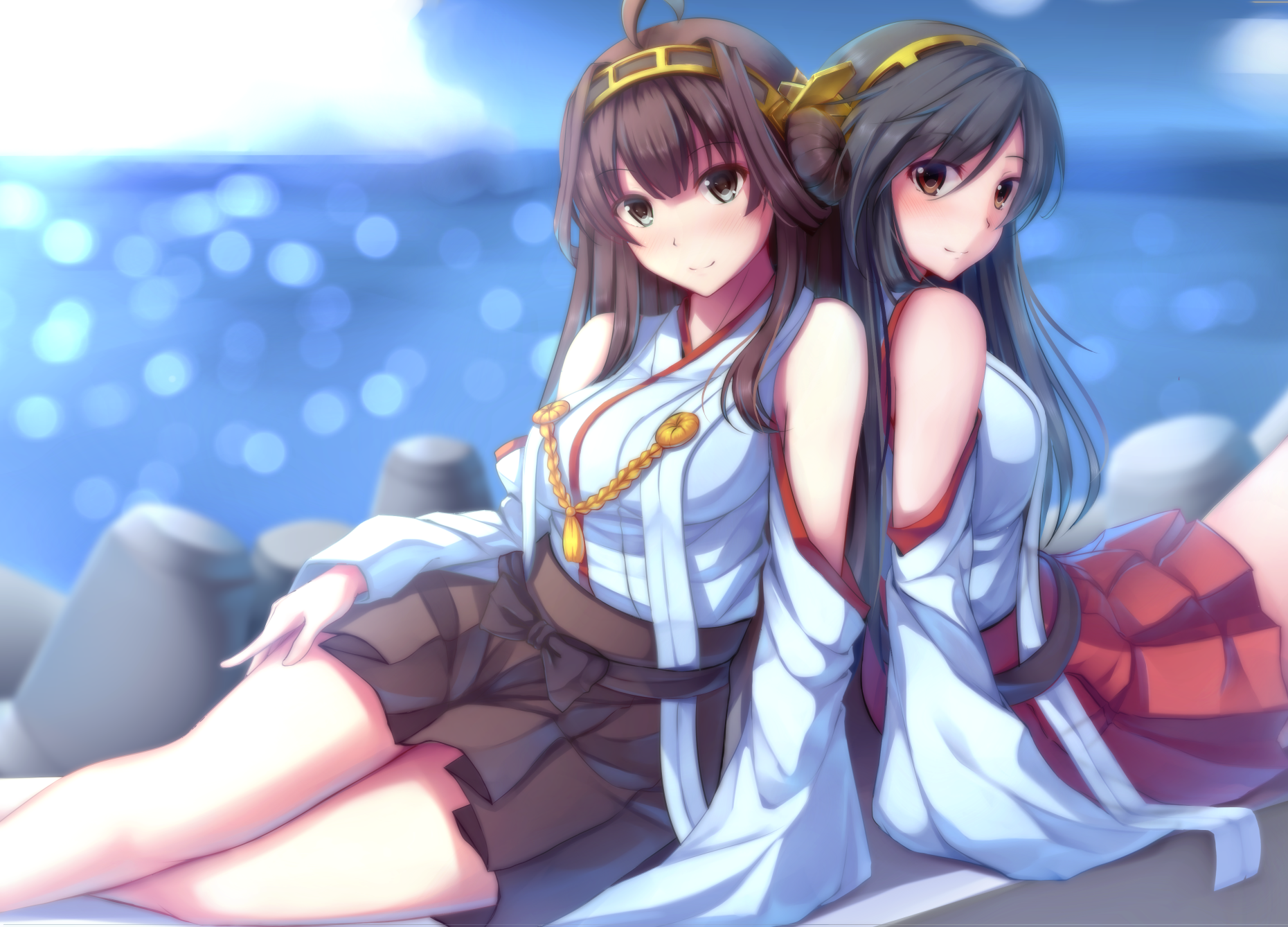 Kongou from Kancolle sitting by the sea HD Wallpaper