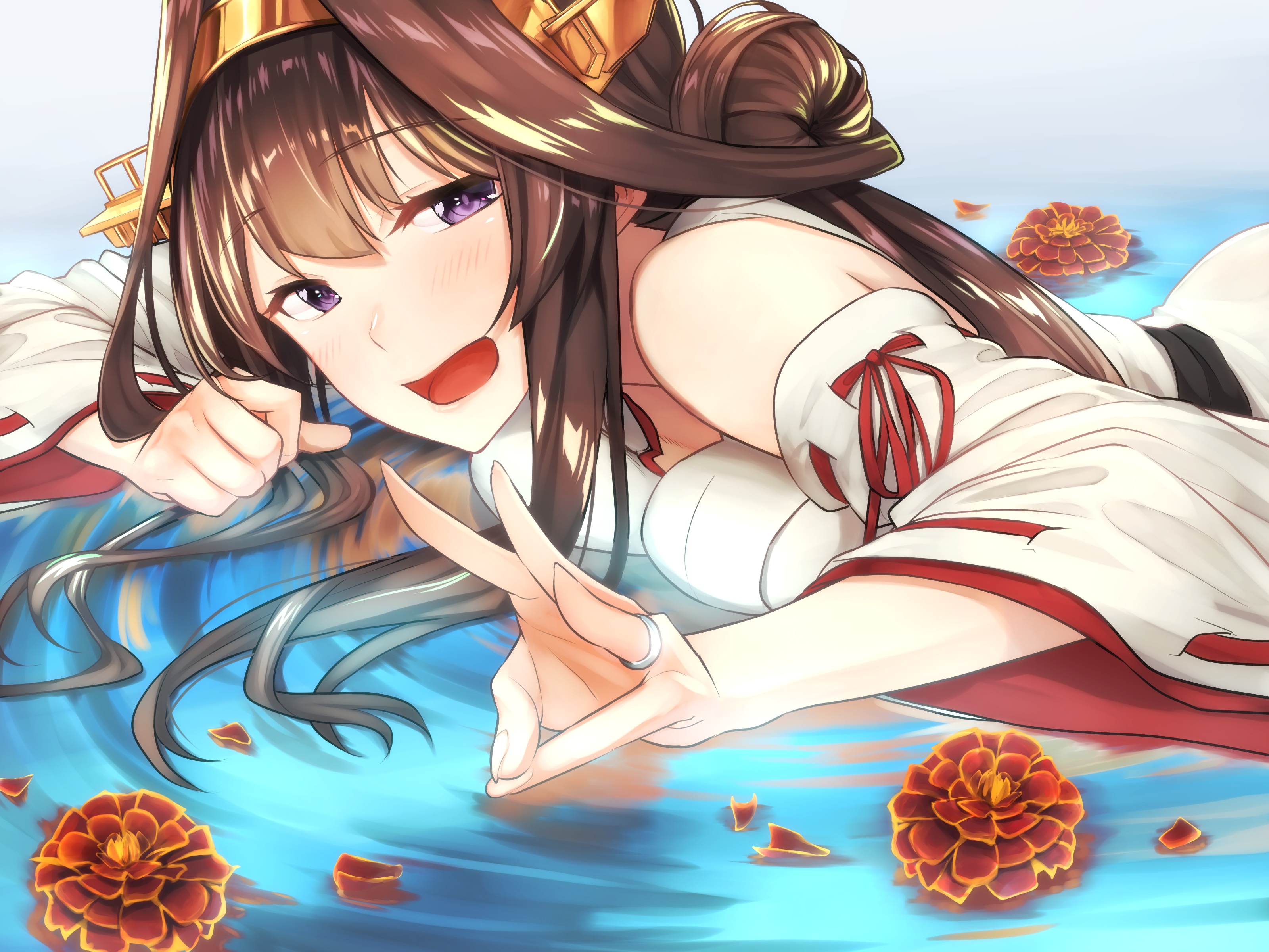 Kongou from Kancolle lying in water with flowers HD Wallpaper