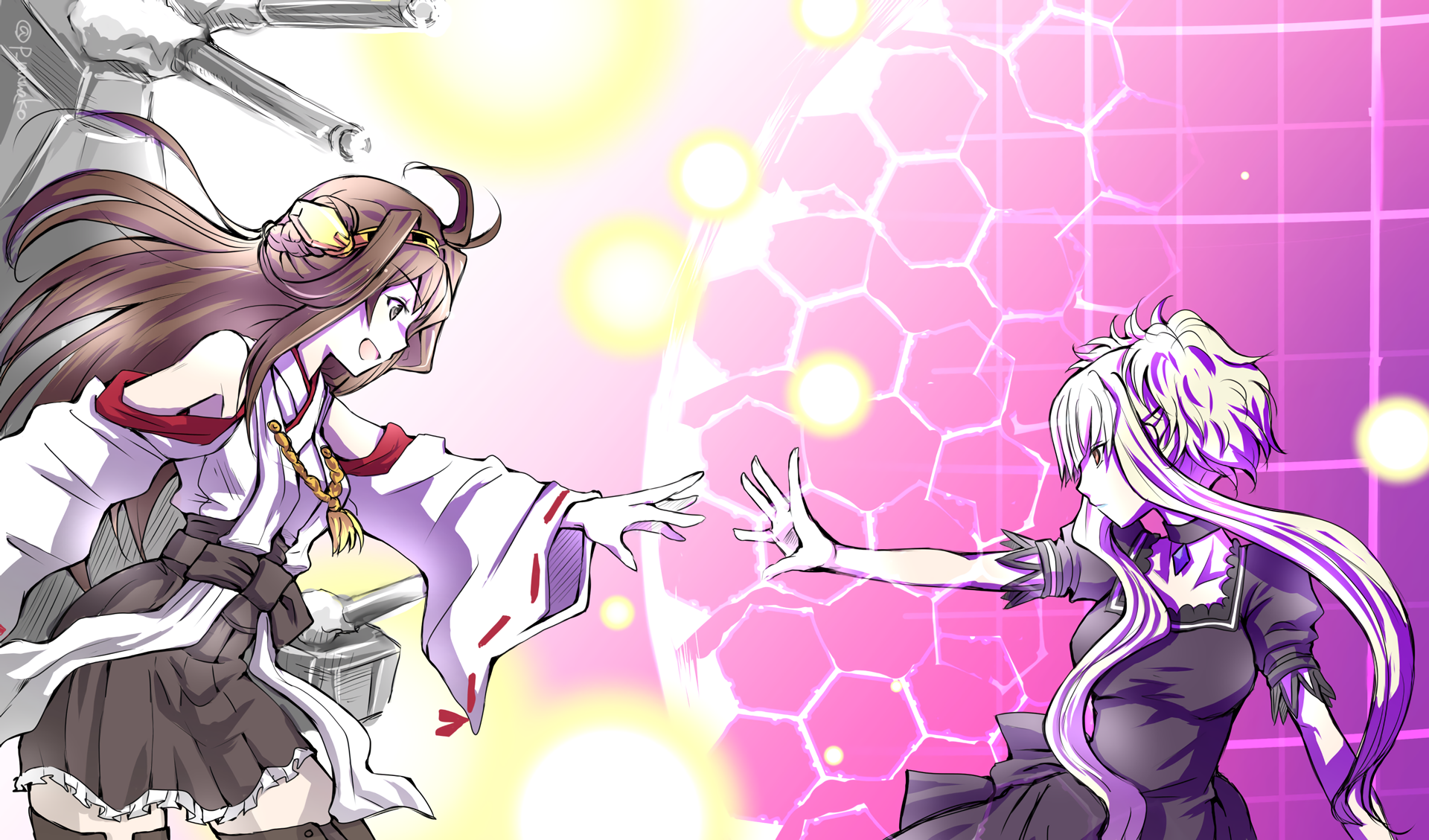 Kongou from Kancolle facing a pink energy shield HD Wallpaper