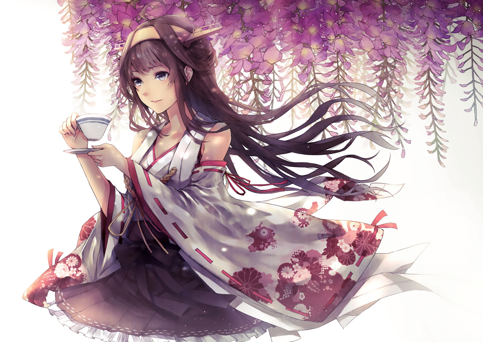 Kongou from Kancolle drinking tea under wisteria HD Wallpaper