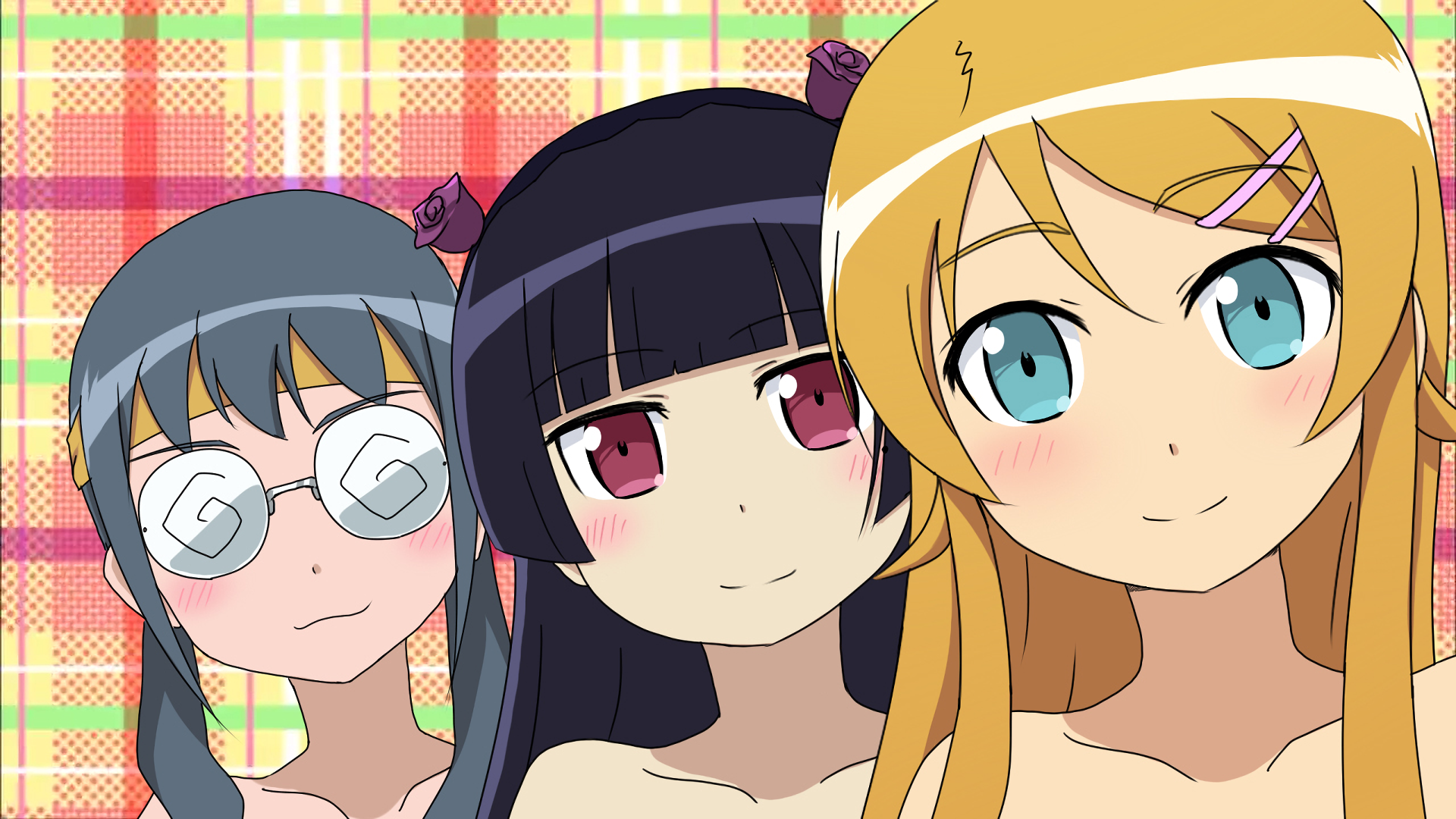 Three anime girls with different hair colors HD Wallpaper