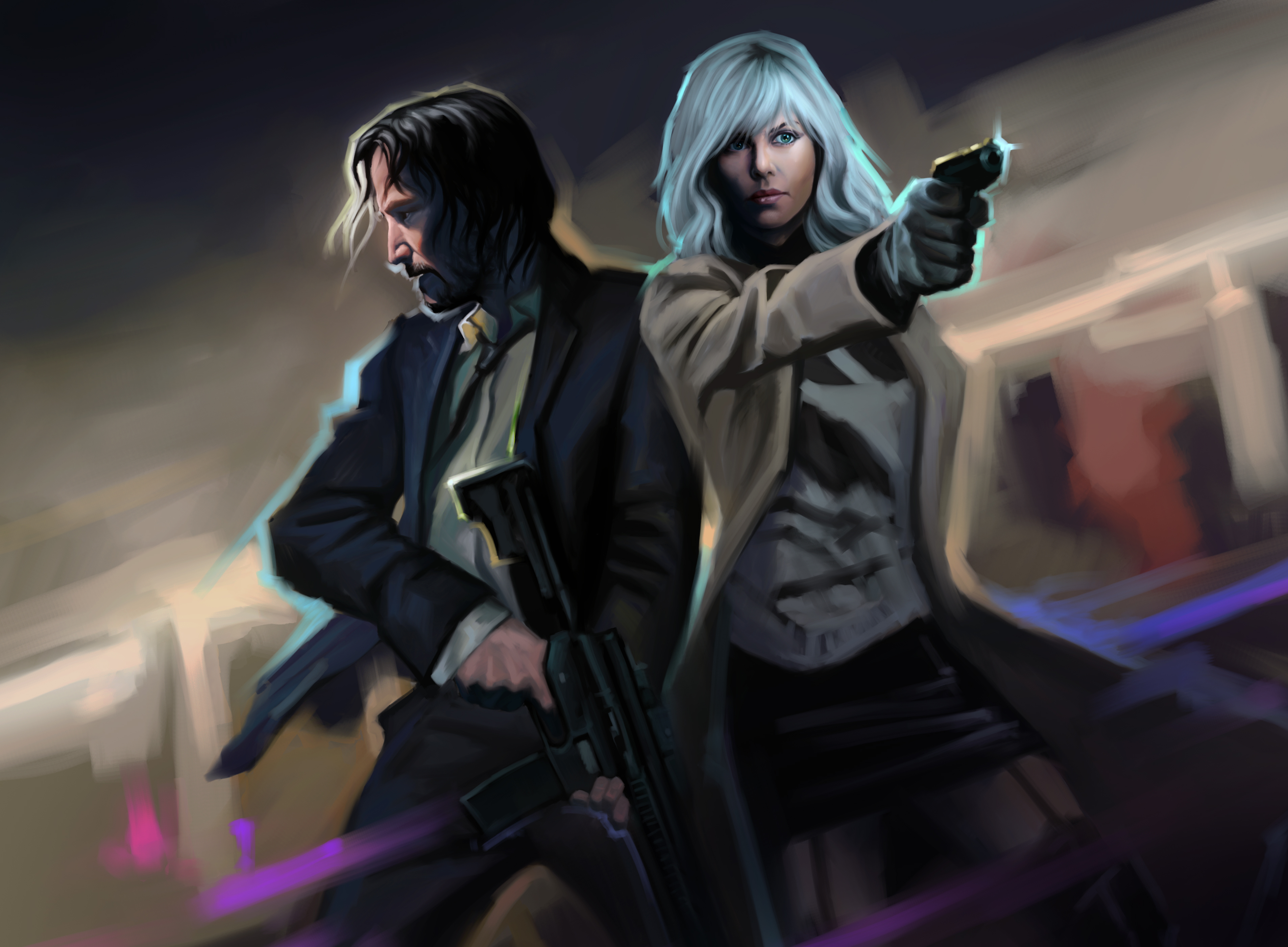 John Wick and a woman with guns HD Wallpaper