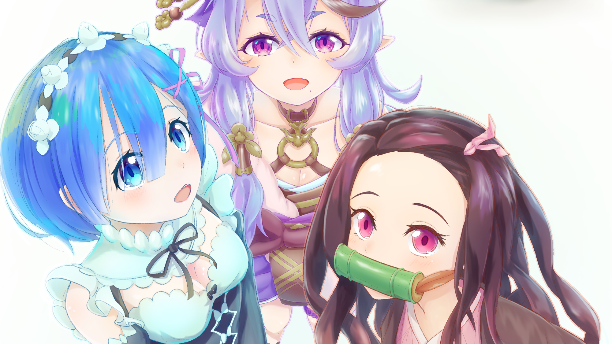 Rem, Nezuko Kamado, and a purple-haired elf HD Wallpaper