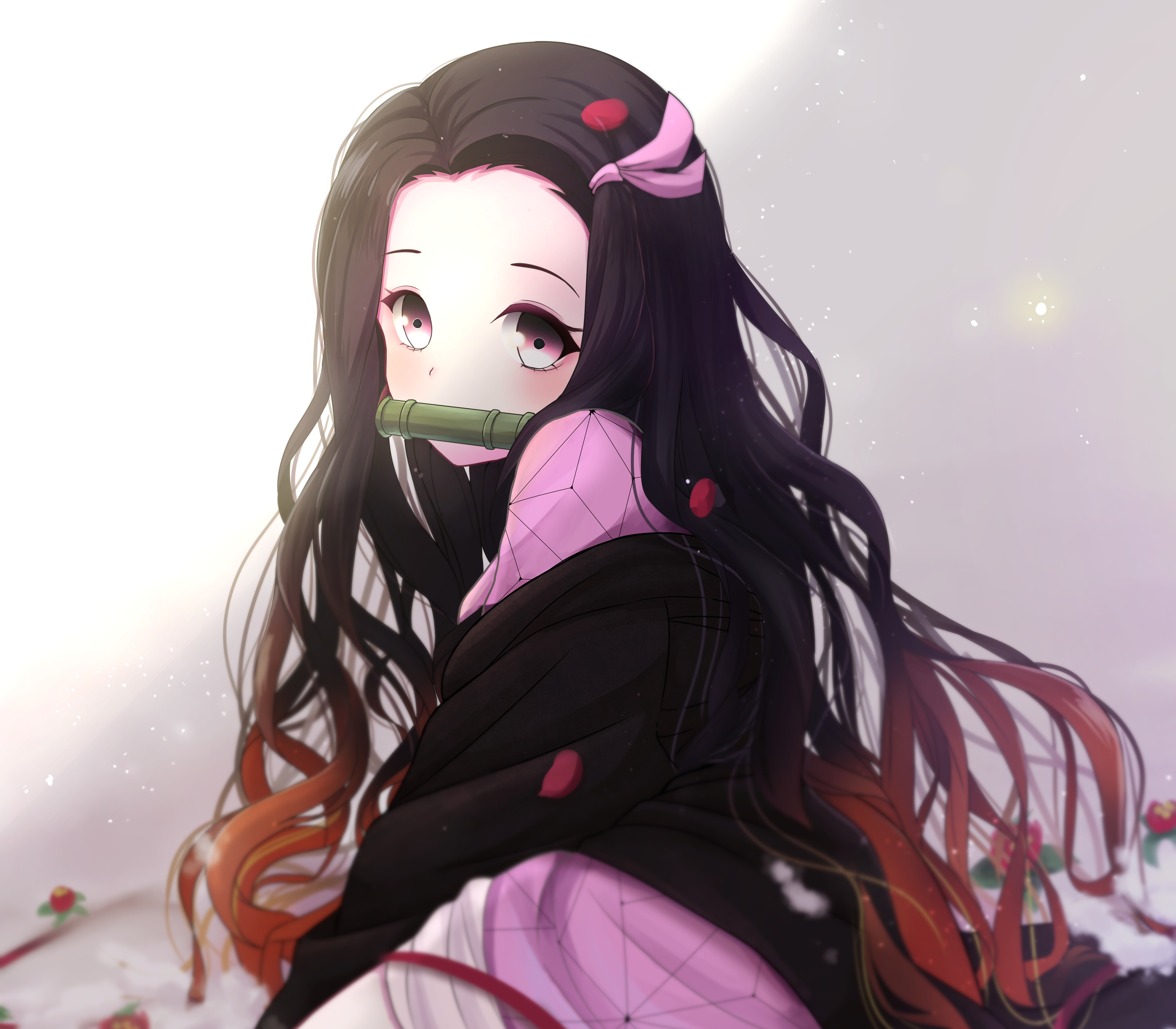 Nezuko Kamado with Flowing Hair and Bamboo Muzzle HD Wallpaper