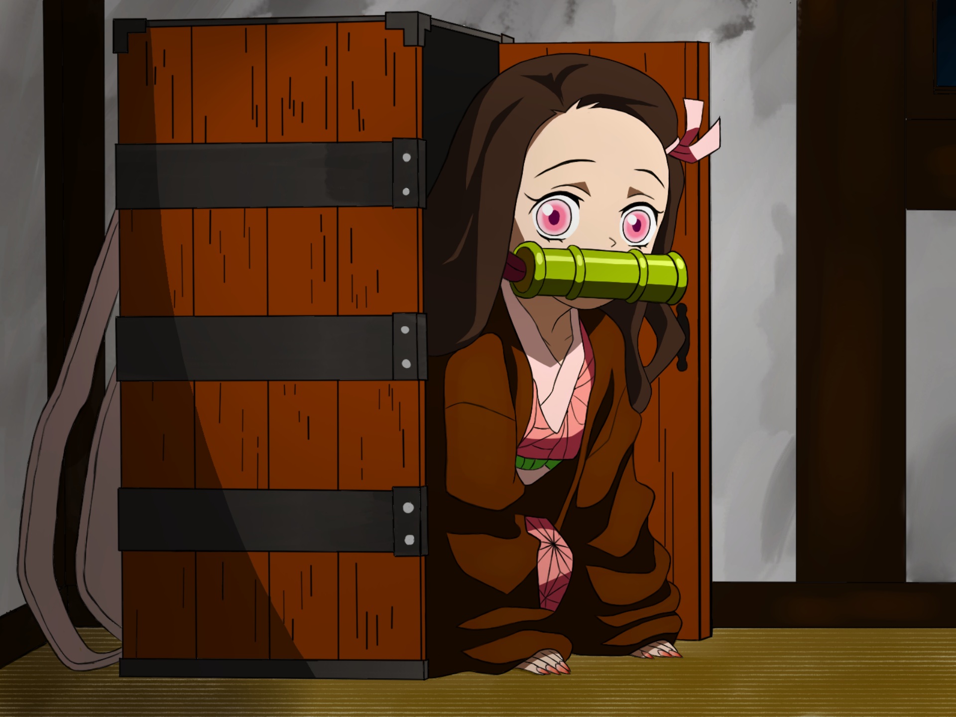 Nezuko Kamado Emerging from Wooden Box HD Wallpaper