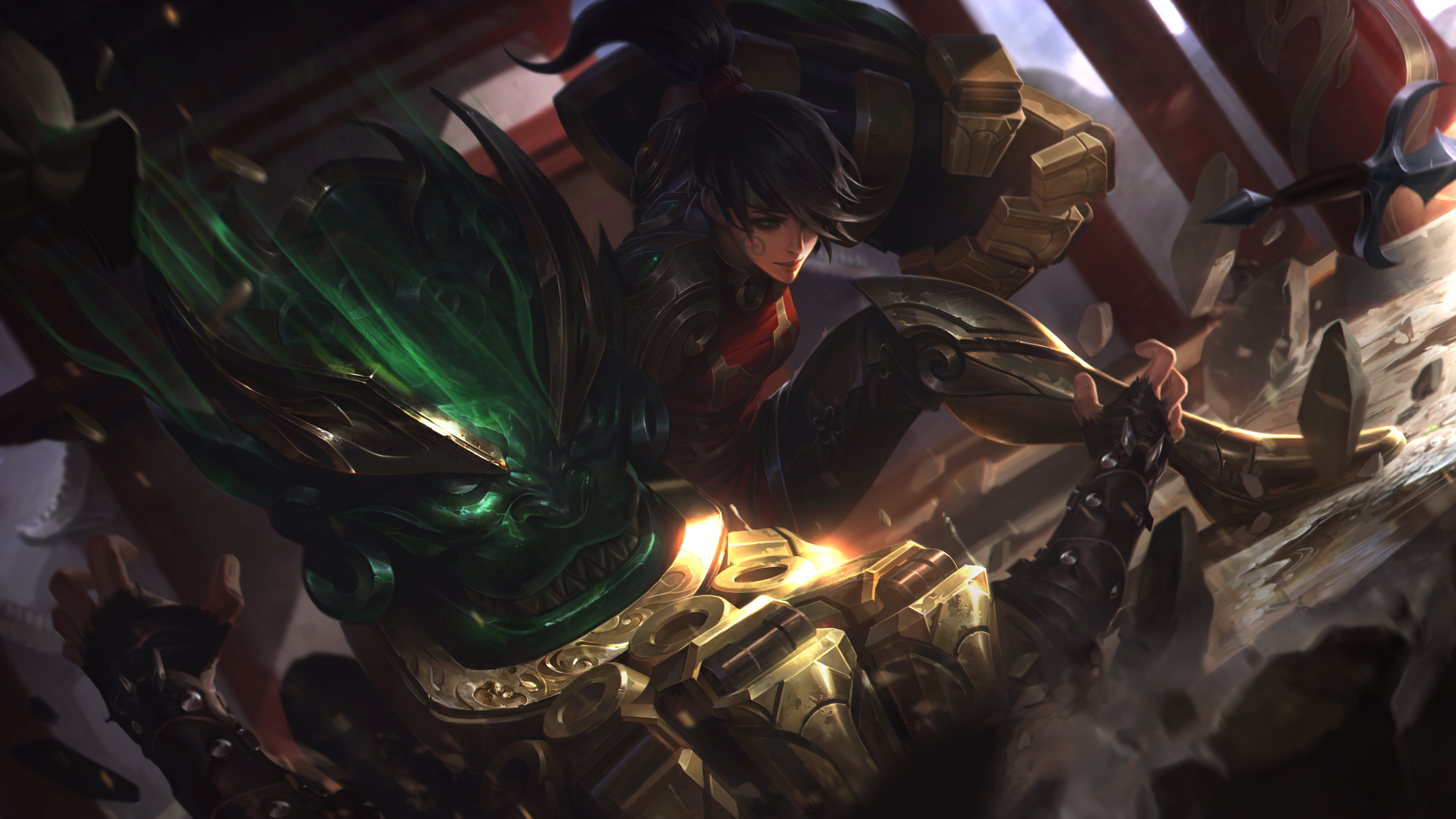 Vi from League of Legends fighting a green dragon HD Wallpaper