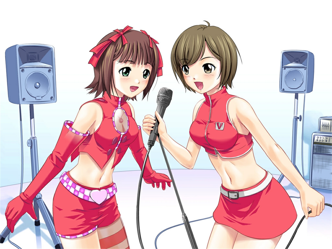 Two anime girls singing karaoke HD Wallpaper