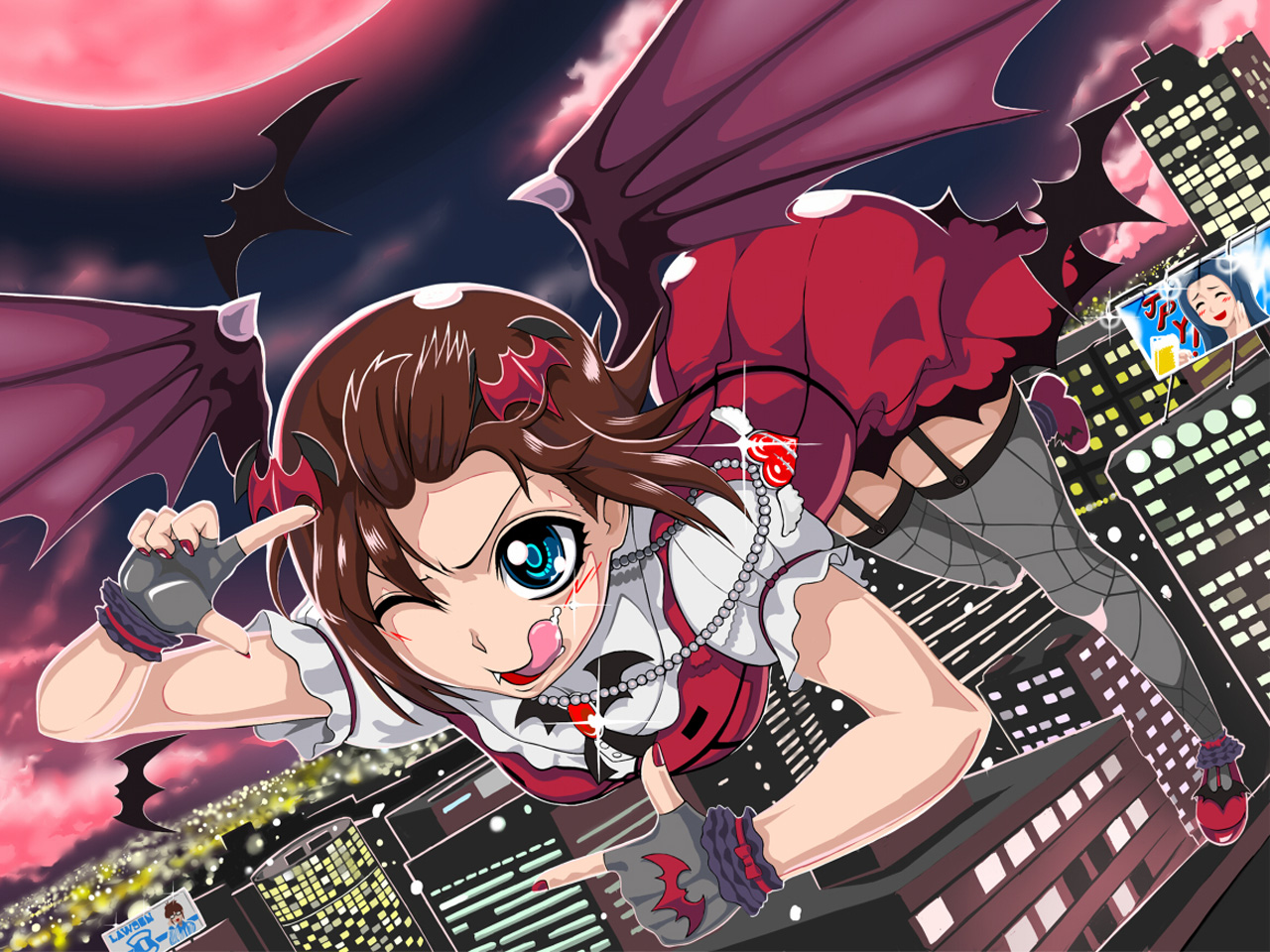 Haruka Amami as a vampire flying over a city HD Wallpaper