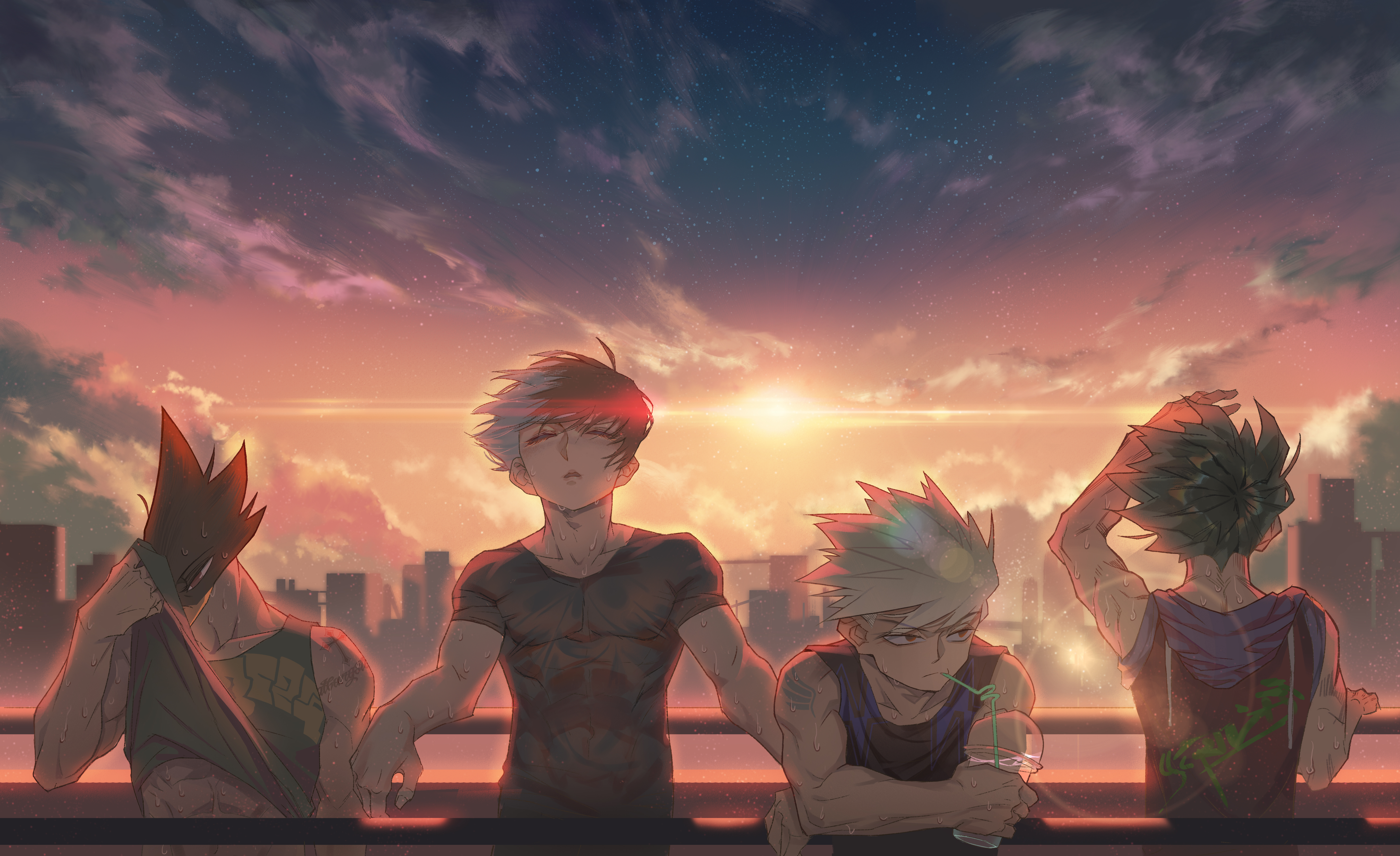 Four young men on a rooftop at sunset HD Wallpaper