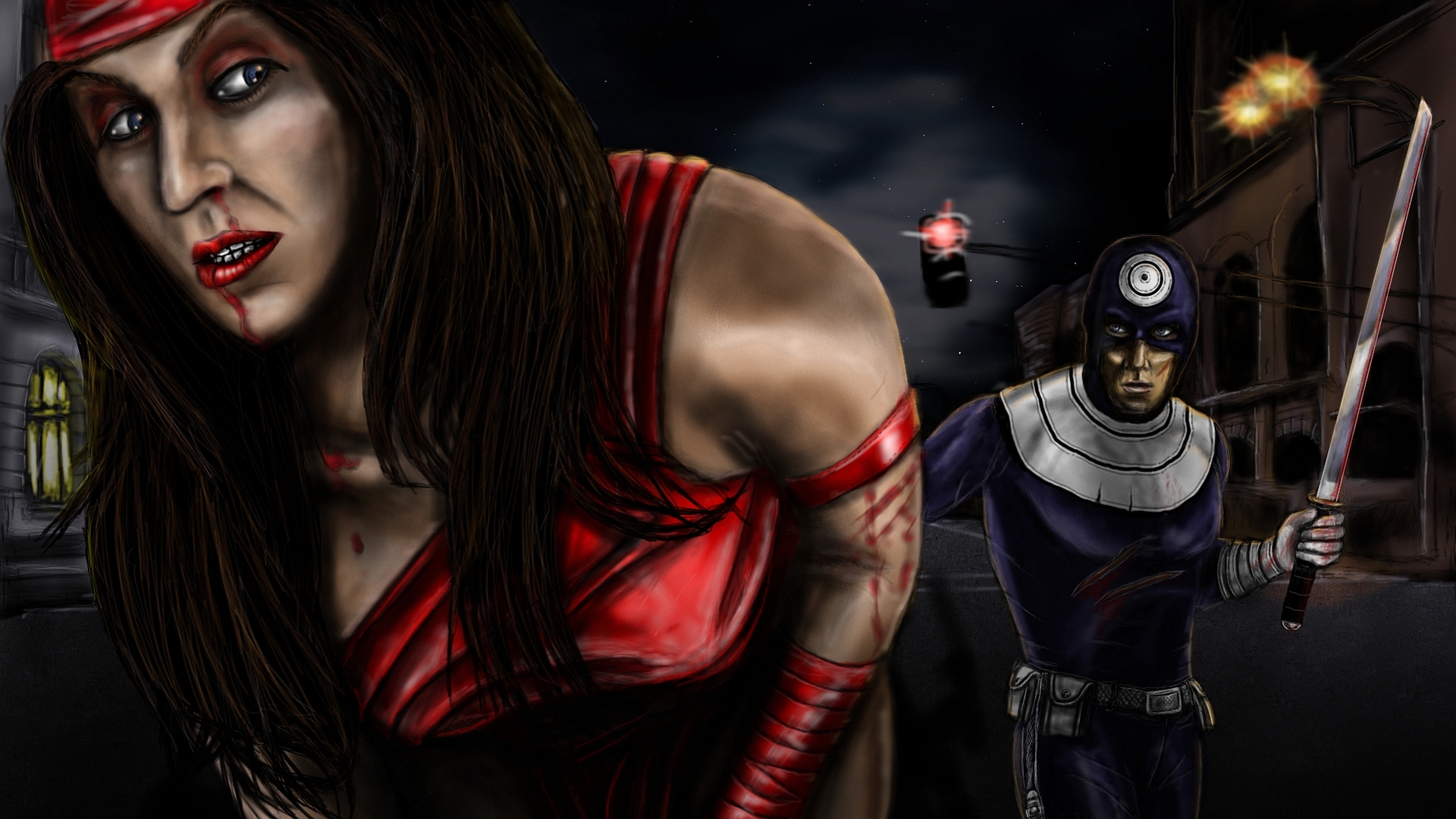 Elektra and Bullseye in a dark city street HD Wallpaper