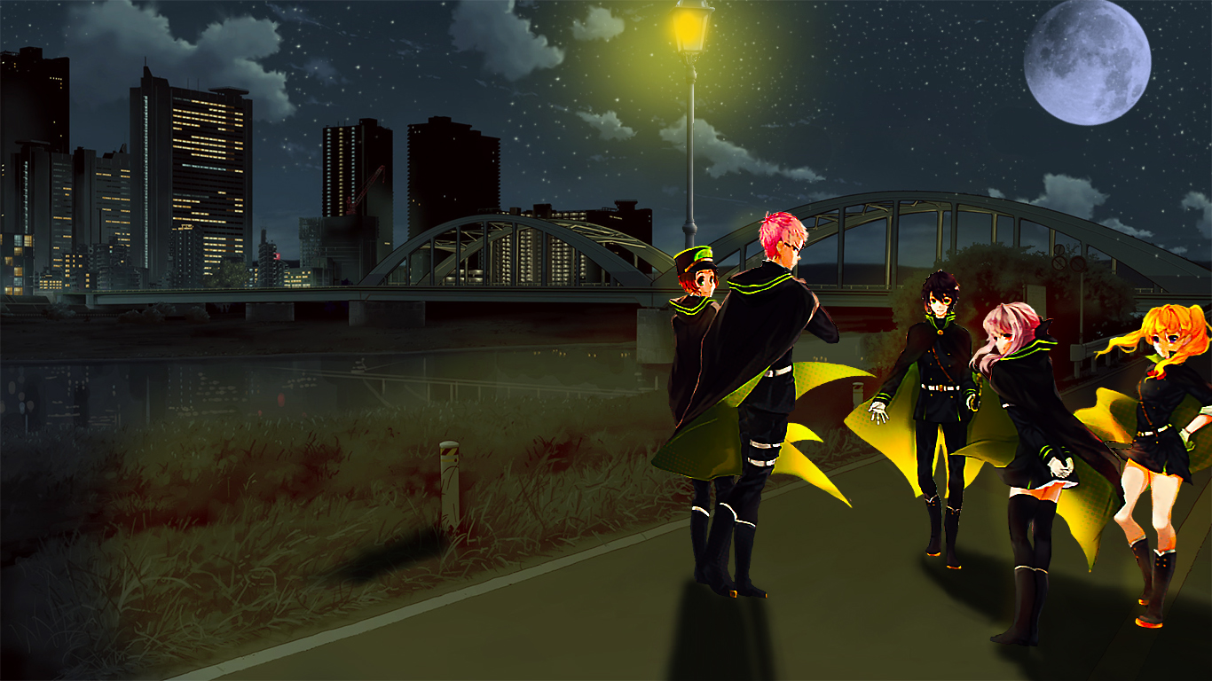 Yūichirō Hyakuya and friends in a city at night HD Wallpaper
