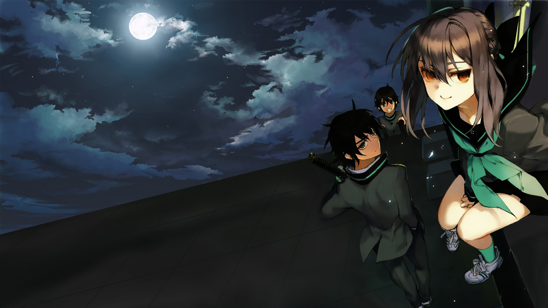 Yūichirō Hyakuya and friends on a rooftop at night HD Wallpaper