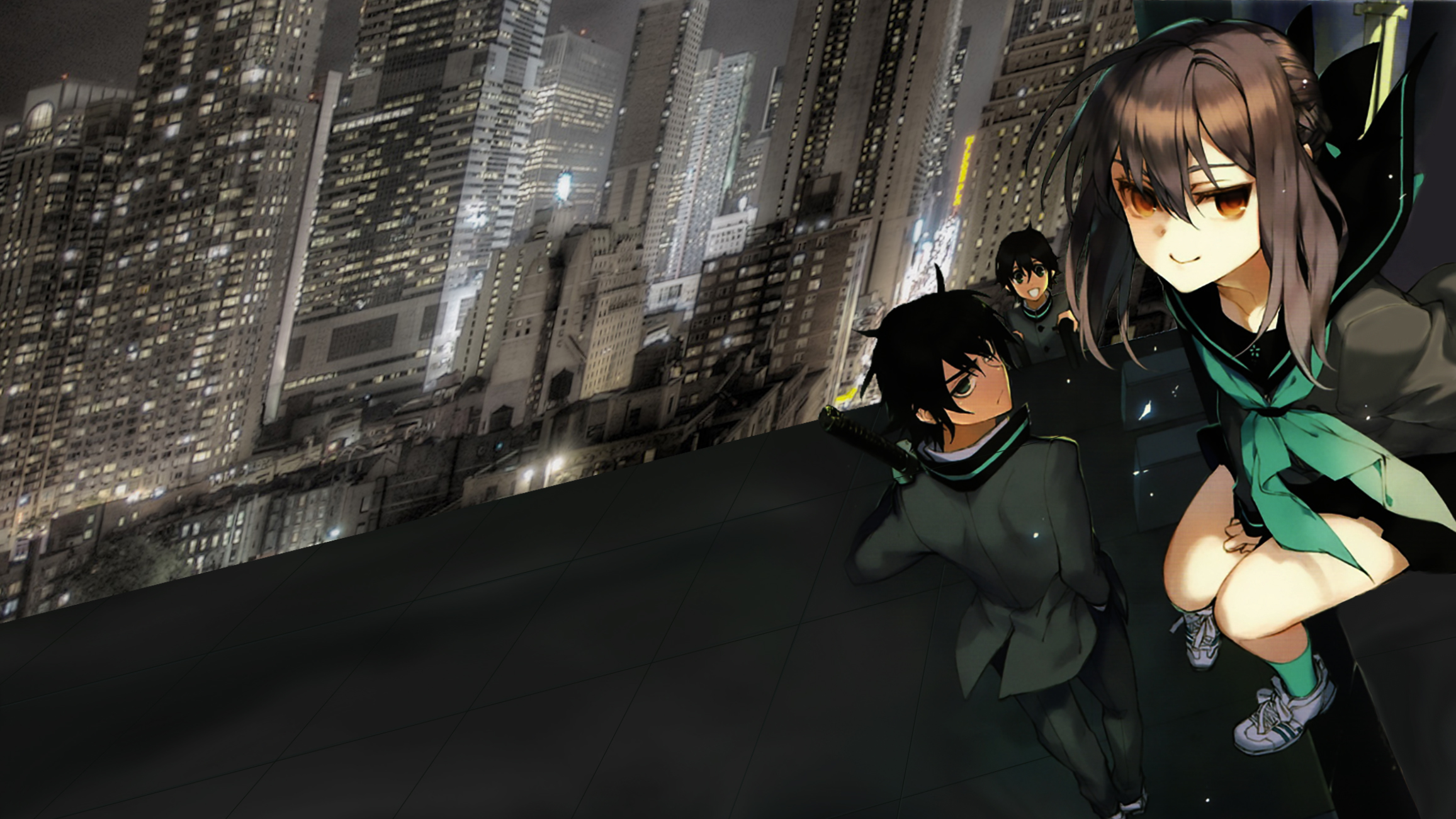 Yūichirō Hyakuya and friends in a city HD Wallpaper