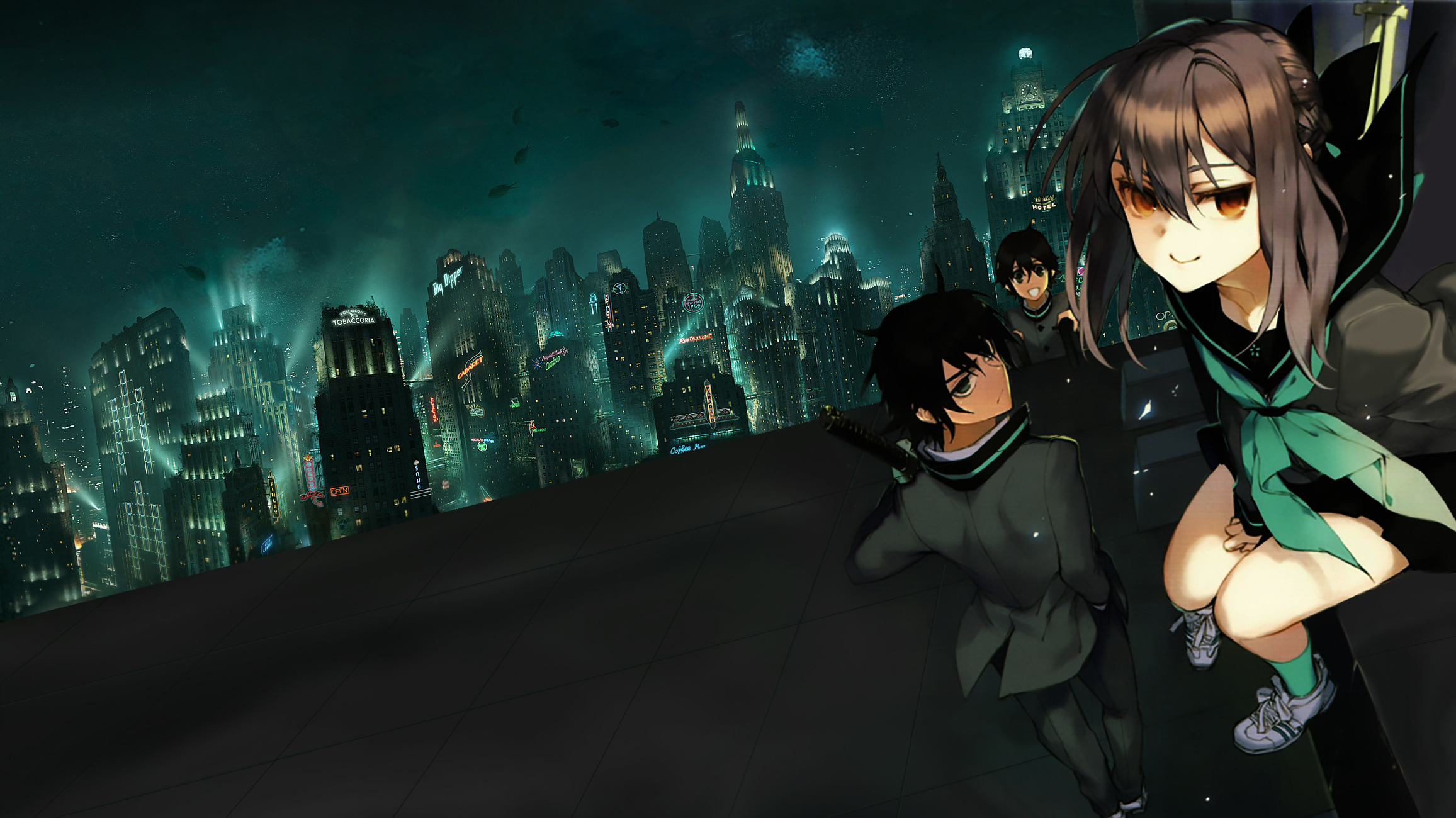 Yūichirō Hyakuya and friends in a futuristic city HD Wallpaper