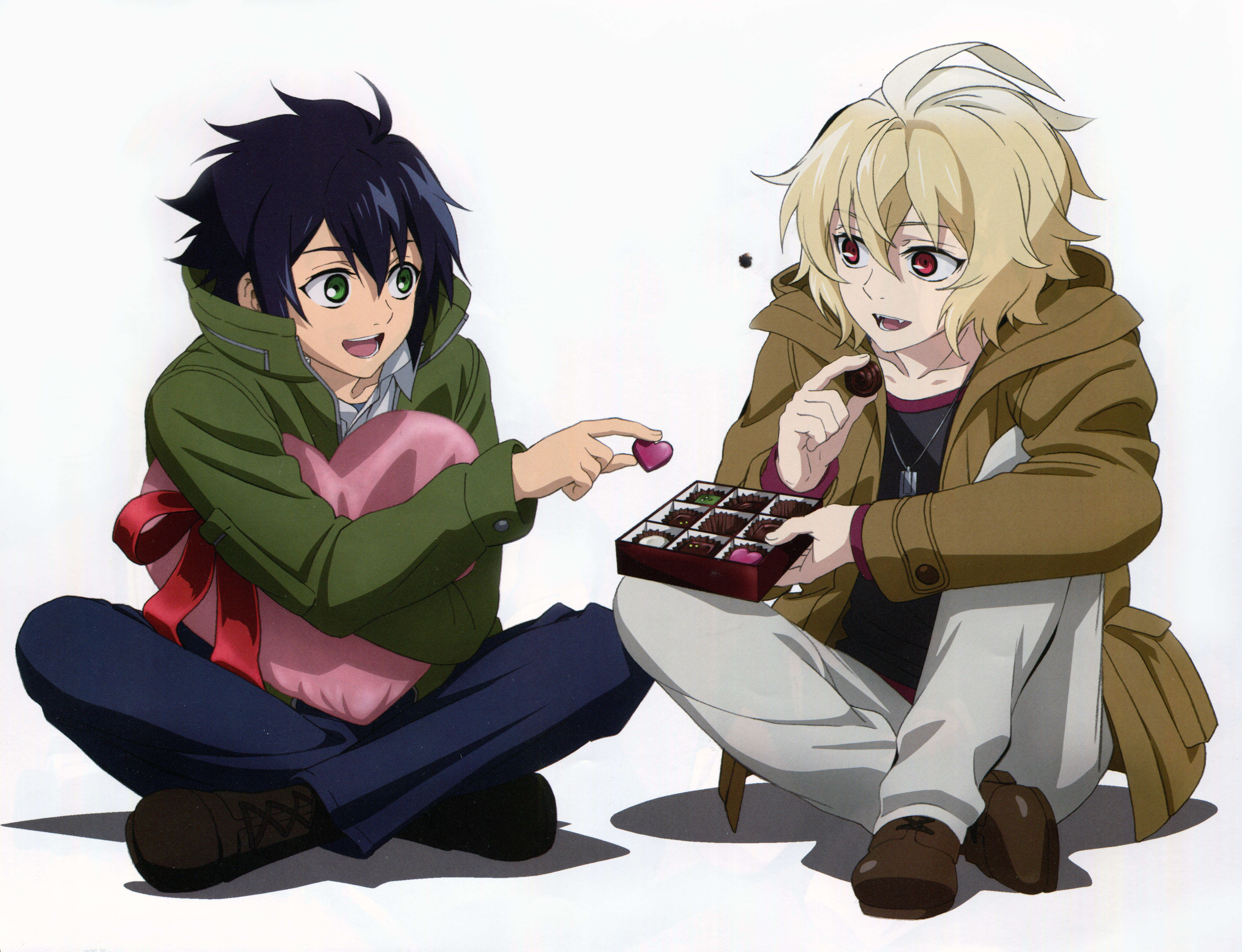 Yūichirō Hyakuya and Mikaela Hyakuya with chocolates HD Wallpaper