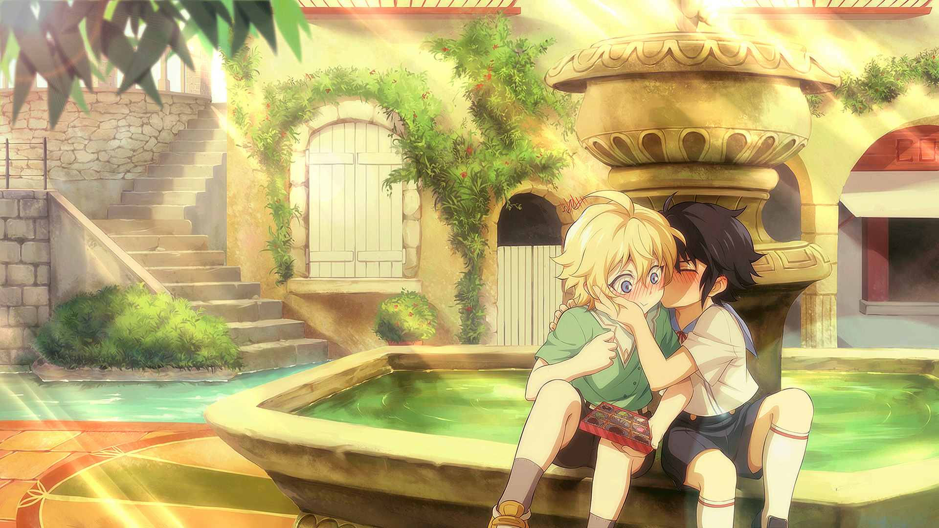 Yūichirō Hyakuya kissing Mikaela Hyakuya by fountain HD Wallpaper