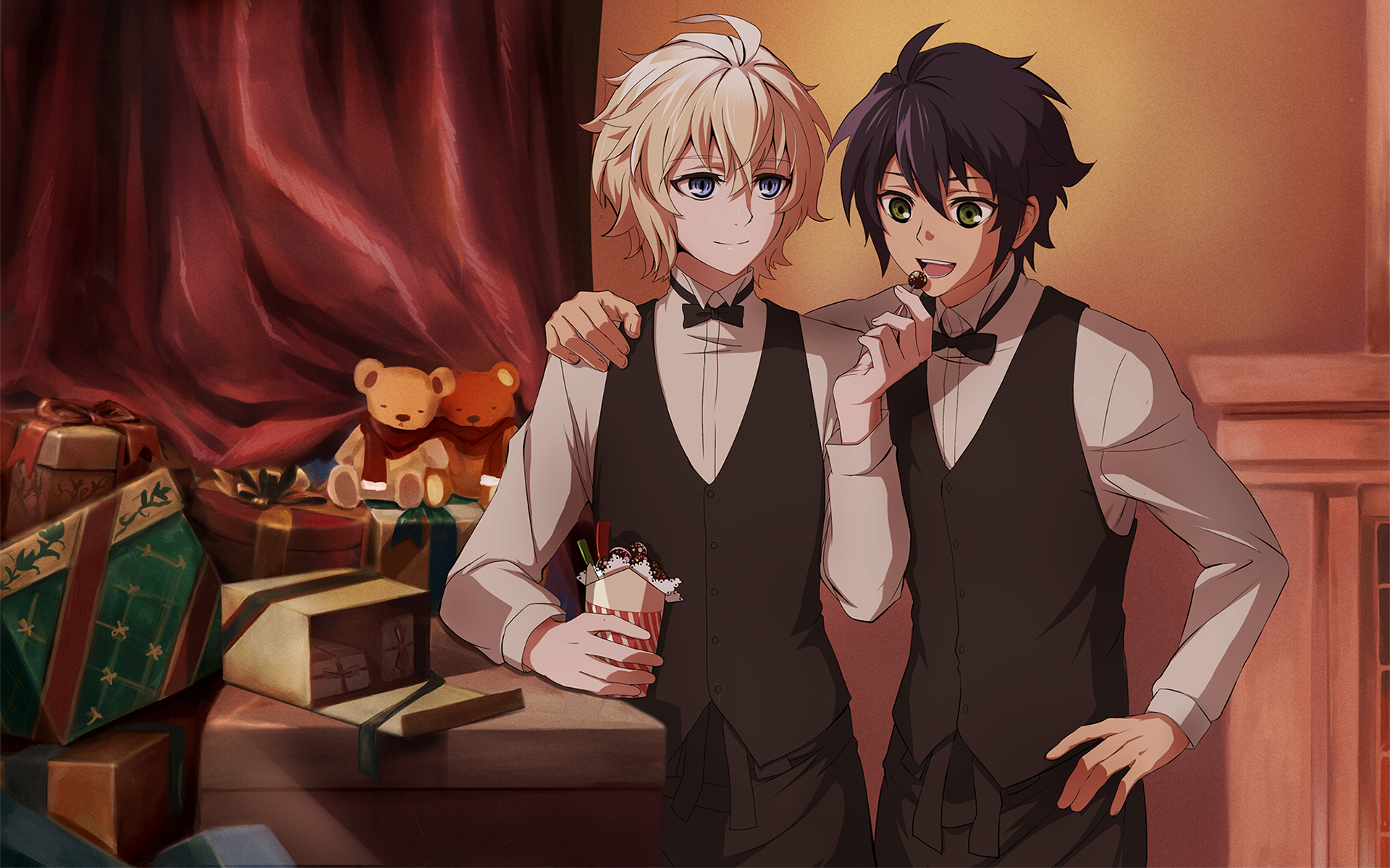 Yūichirō Hyakuya and Mikaela Hyakuya with gifts HD Wallpaper