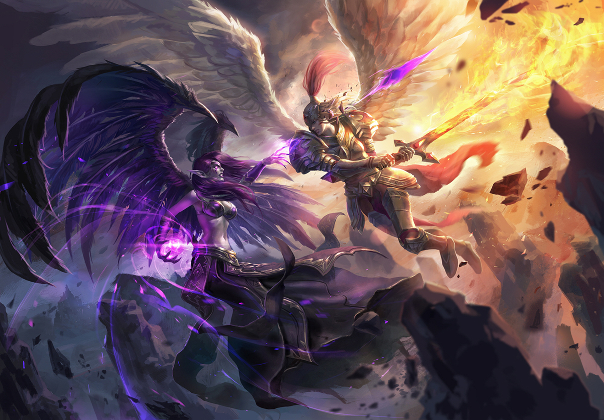 Morgana from League of Legends fighting a knight HD Wallpaper